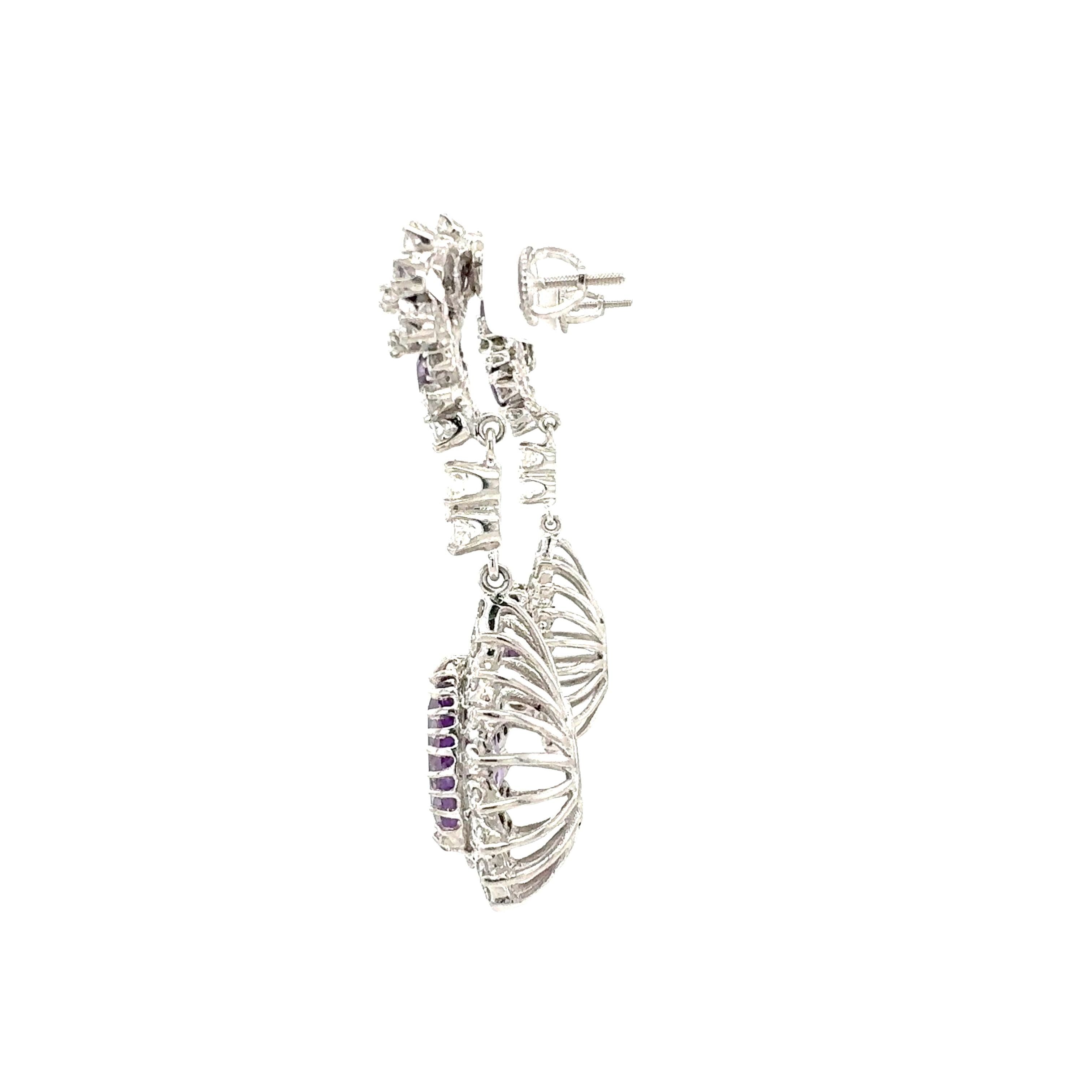 14K White Gold Amethyst and Diamond Dangle Earrings
