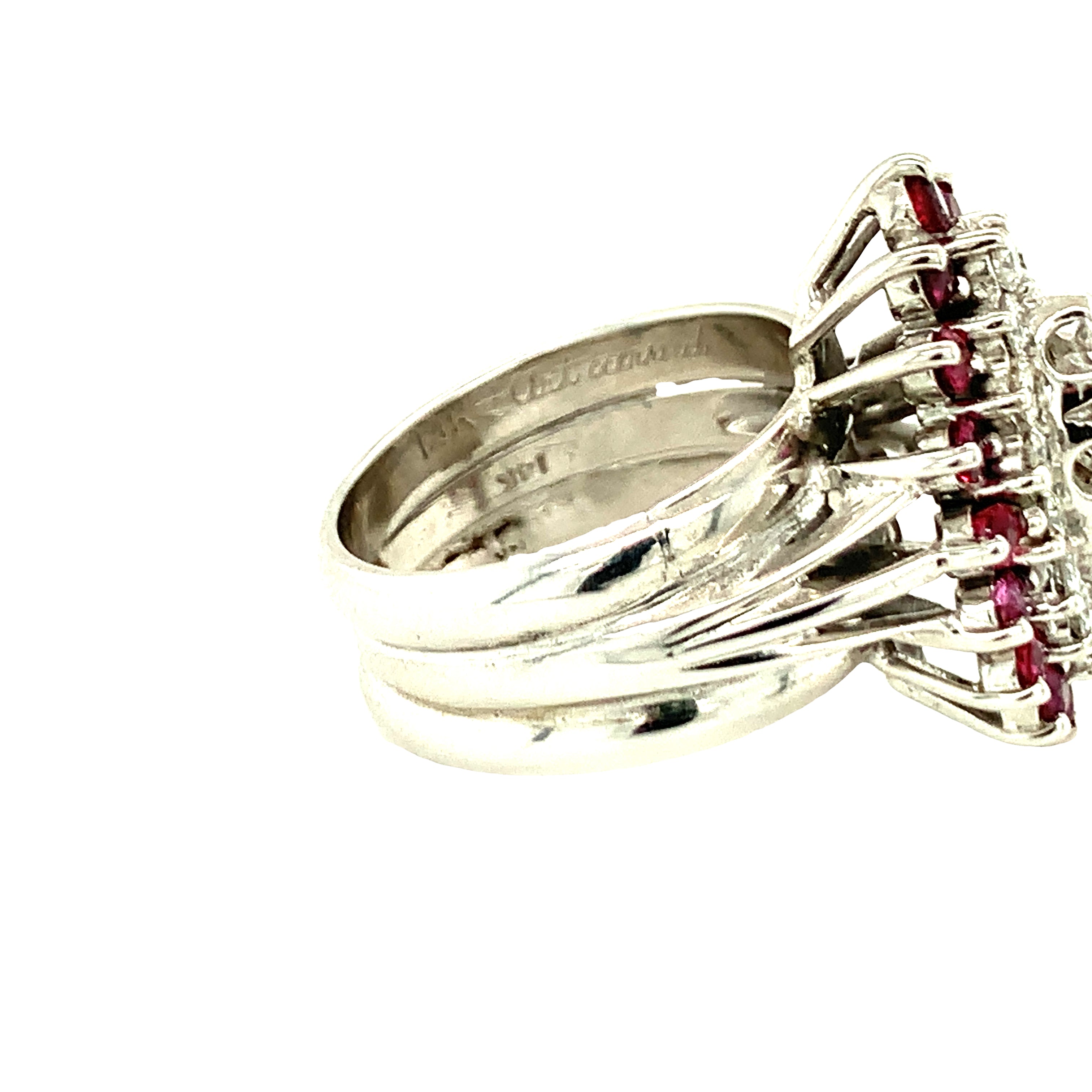 14K White Gold Diamond and Ruby  Cluster Ring