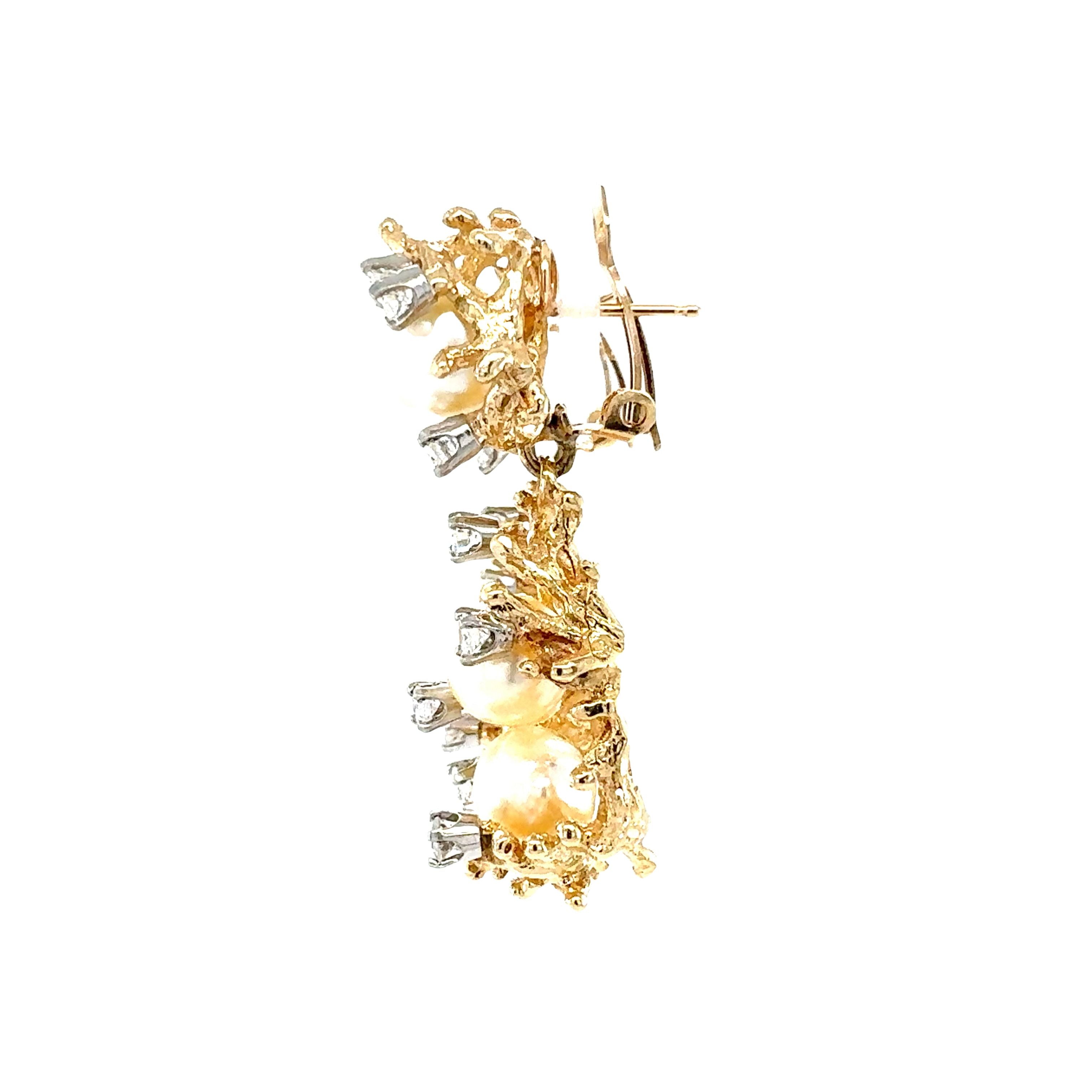 14K Yellow Gold Diamond and Pearl Dangle Earrings