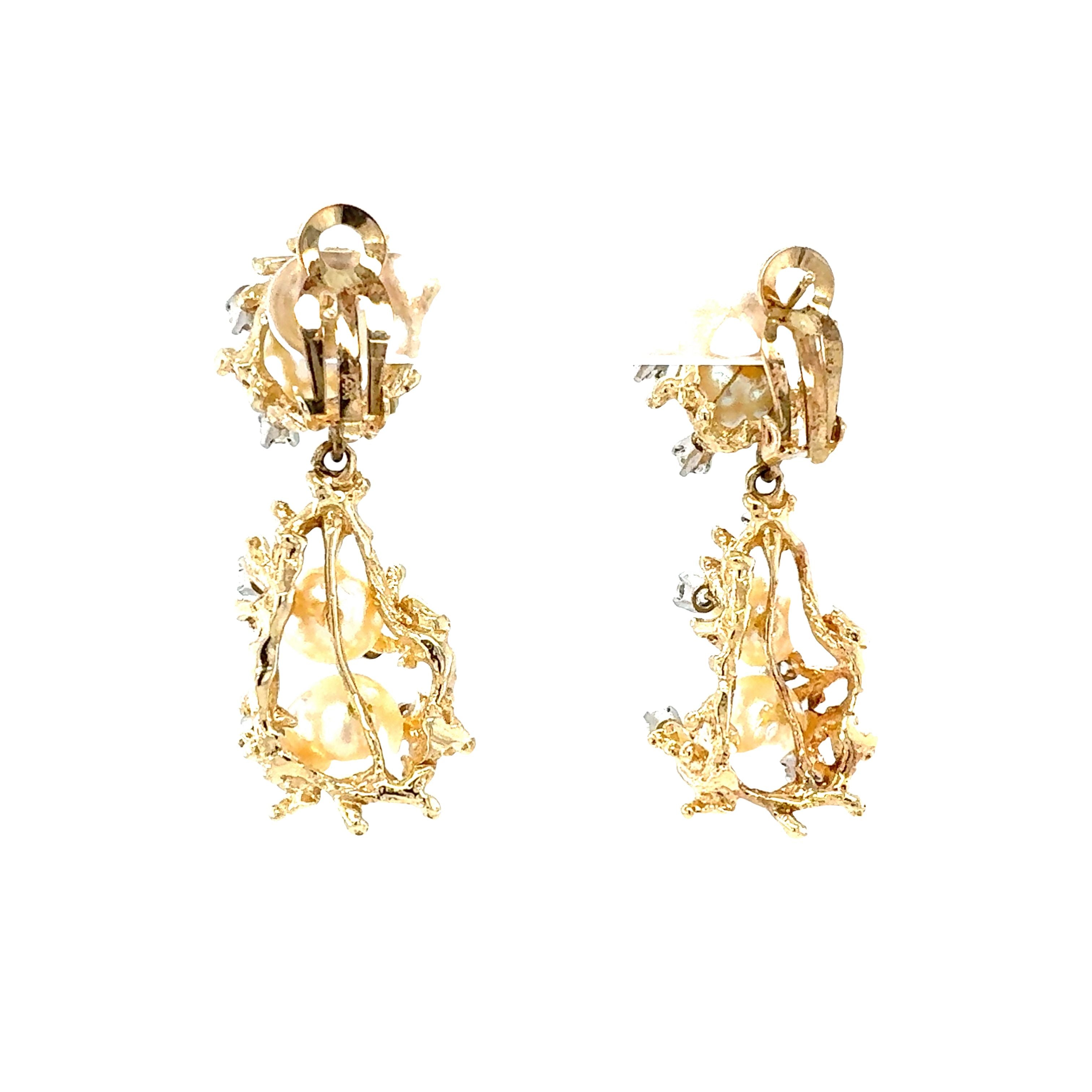 14K Yellow Gold Diamond and Pearl Dangle Earrings