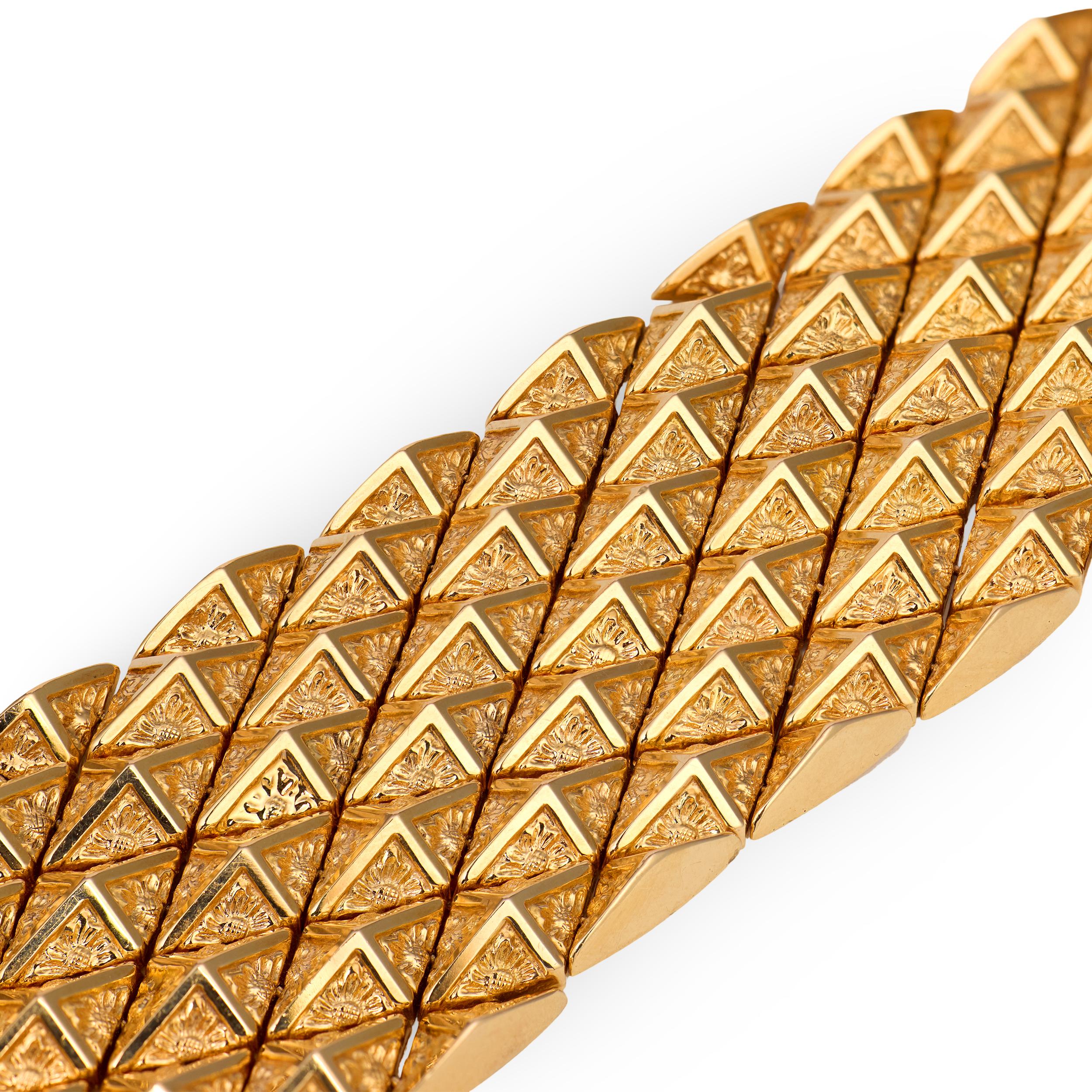 Italian 18K Rosey Yellow Gold Pyramid Link Bracelet, Circa 1960s-1970s