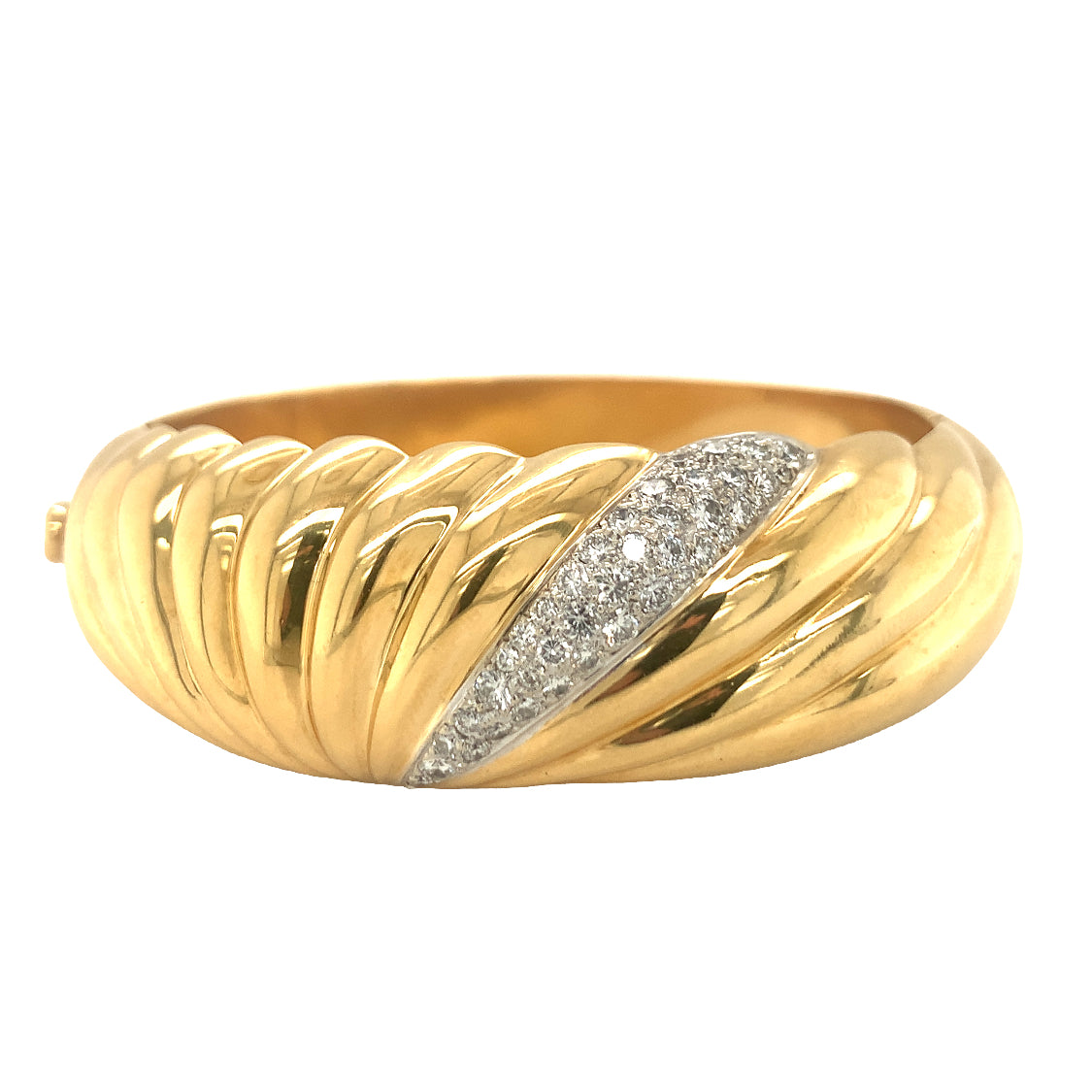 18K Yellow Gold Diamond Fluted Dome Bangle Bracelet