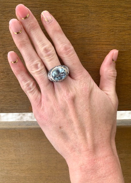 Aquamarine, Blue Zircon and Diamond 18K White Gold Ring, circa 1970s