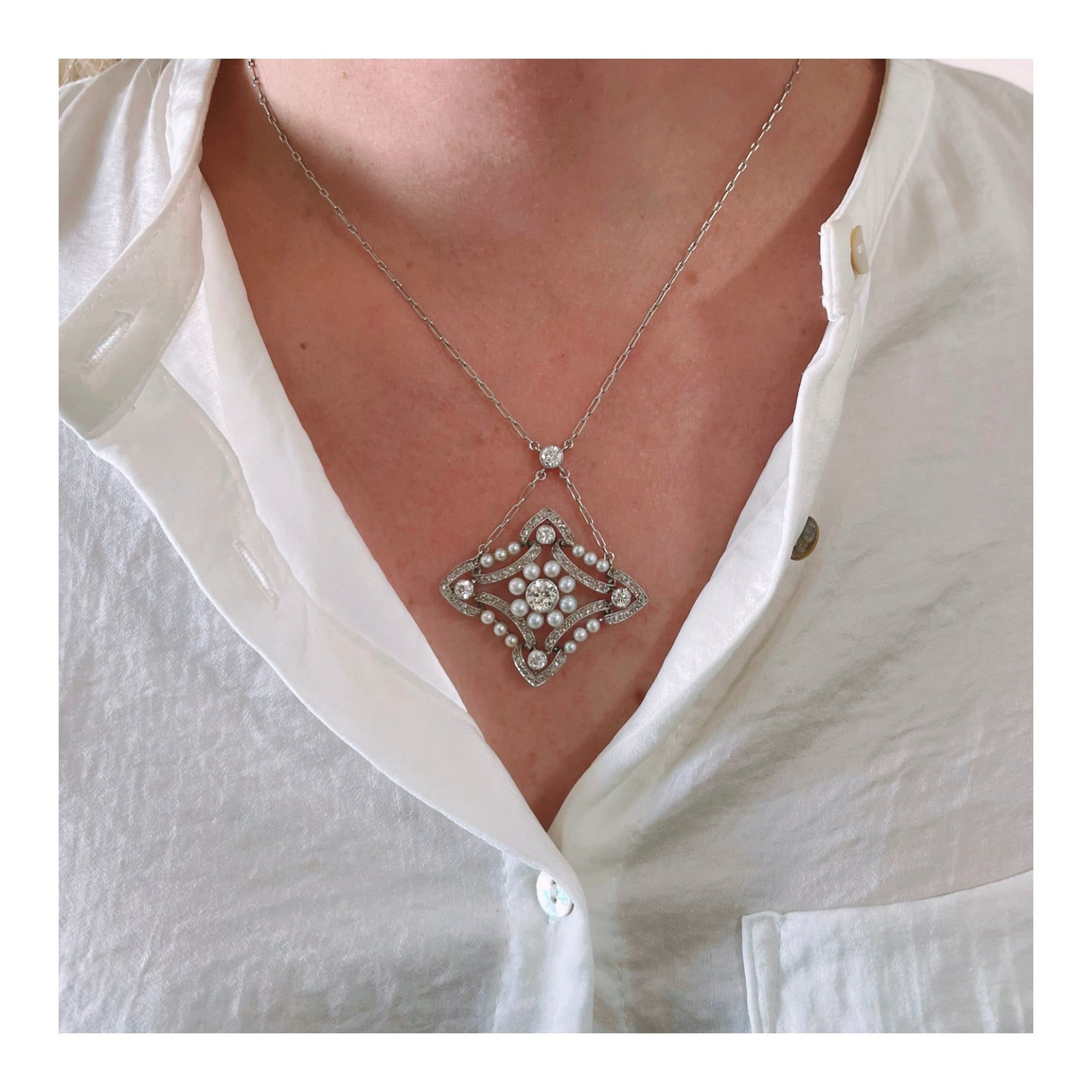 Art Deco Diamond and Pearl Platinum Pendant