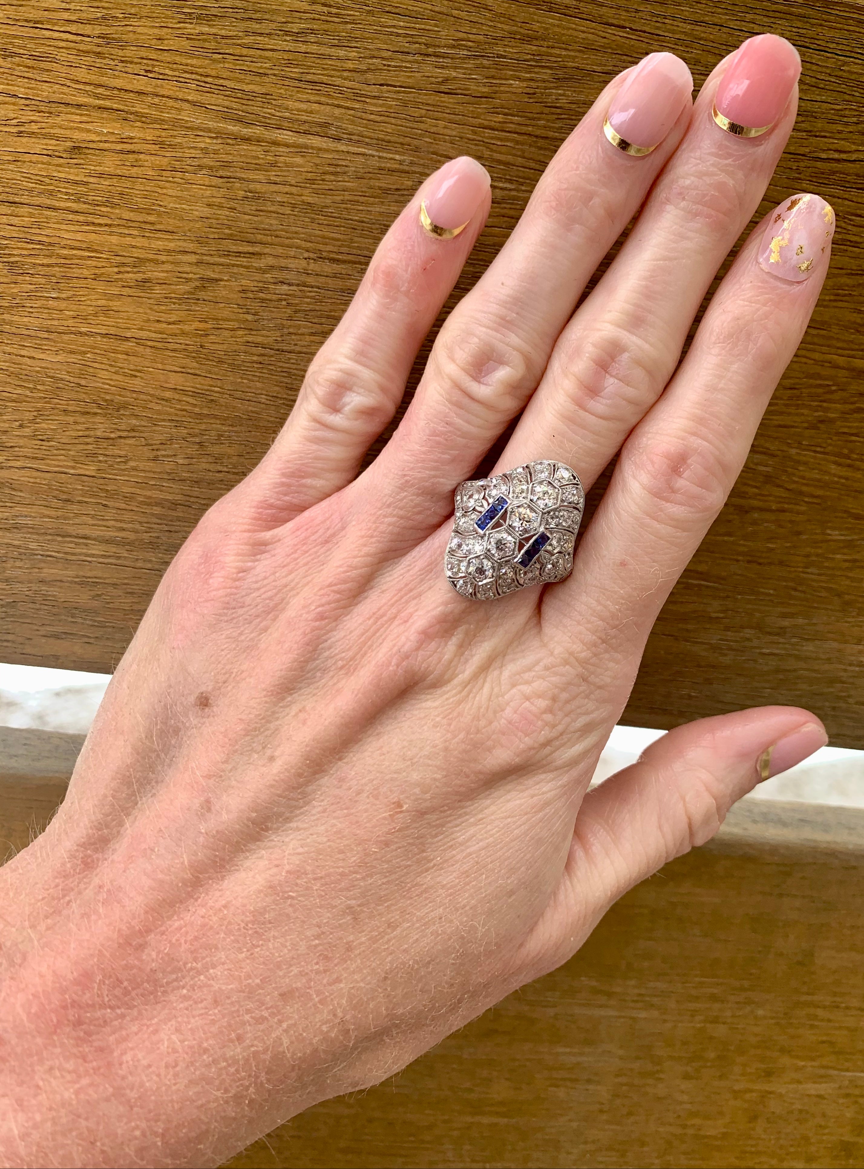 Art Deco Diamond and Sapphire Platinum Filigree Ring, circa 1920s