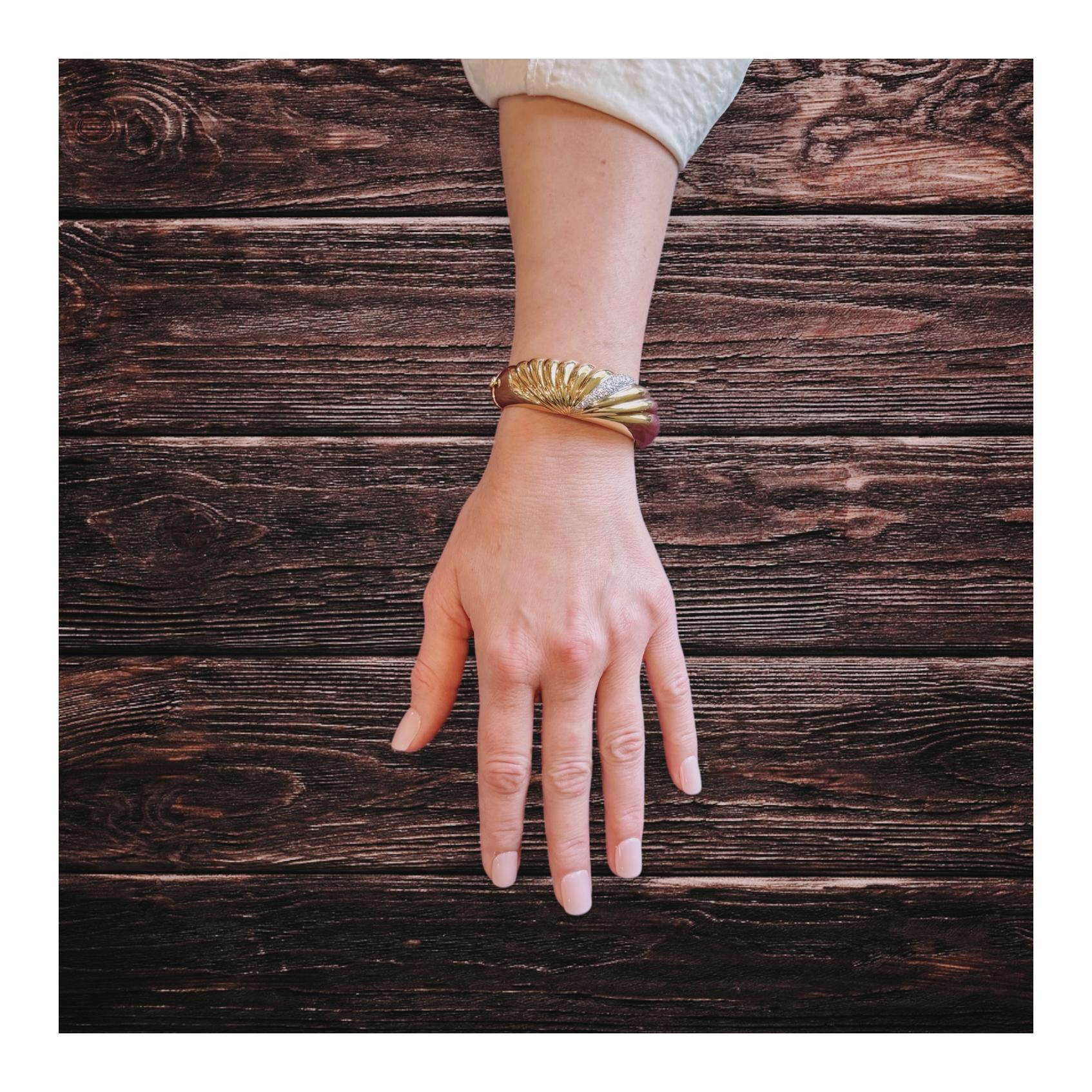 18K Yellow Gold Diamond Fluted Dome Bangle Bracelet