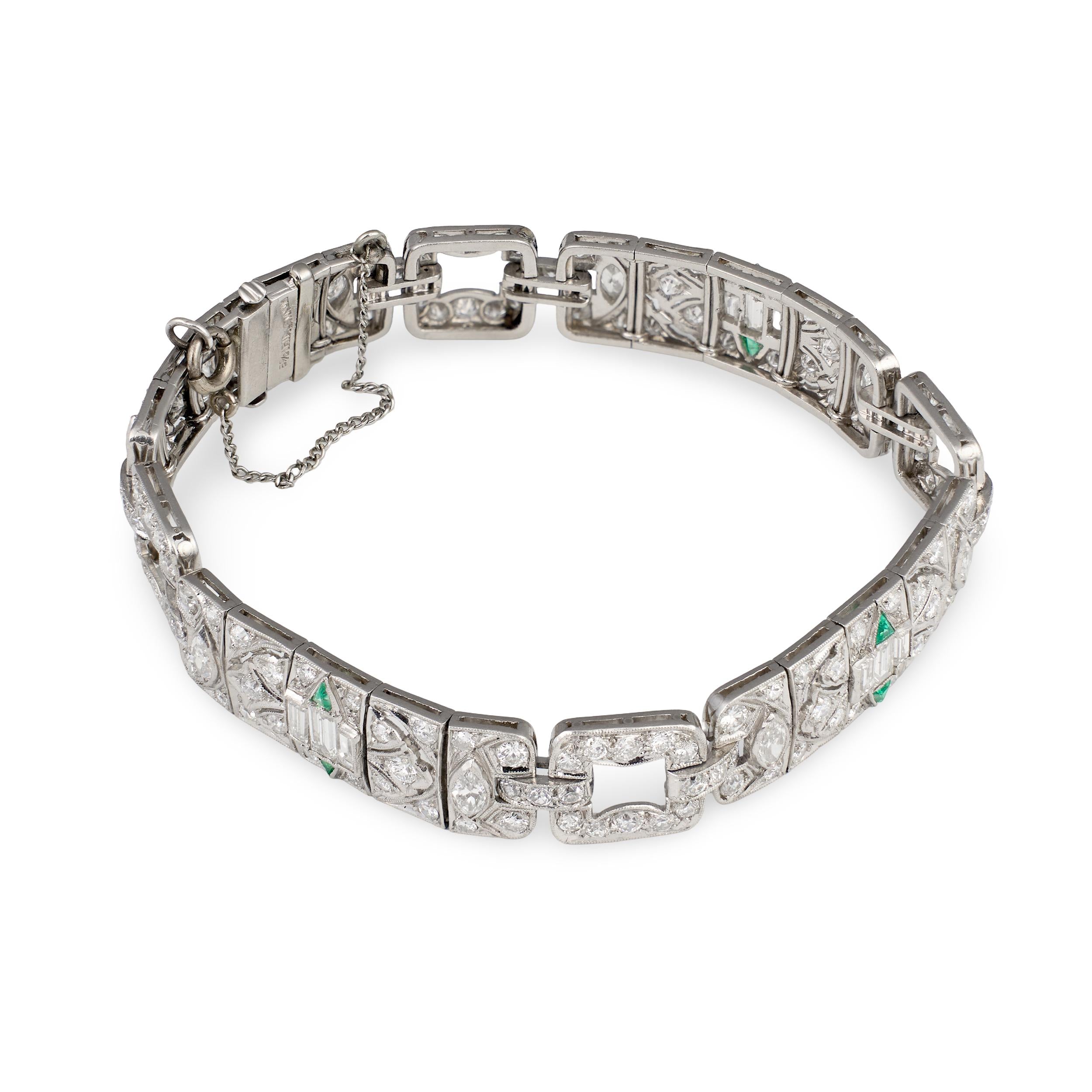 ART DECO PLATINUM DIAMOND AND EMERALD BRACELET