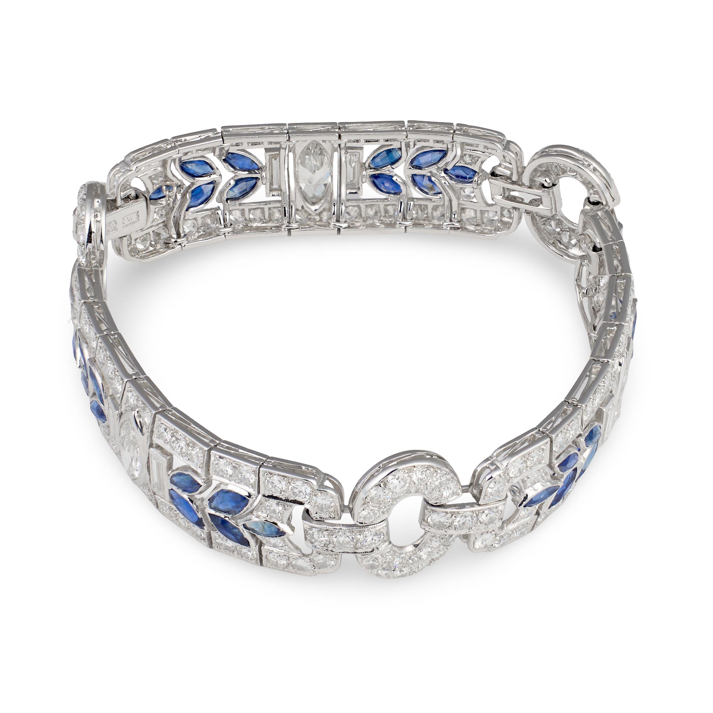 Art Deco Waslikoff & Sons Diamond and Sapphire Platinum Bracelet, Circa 1925