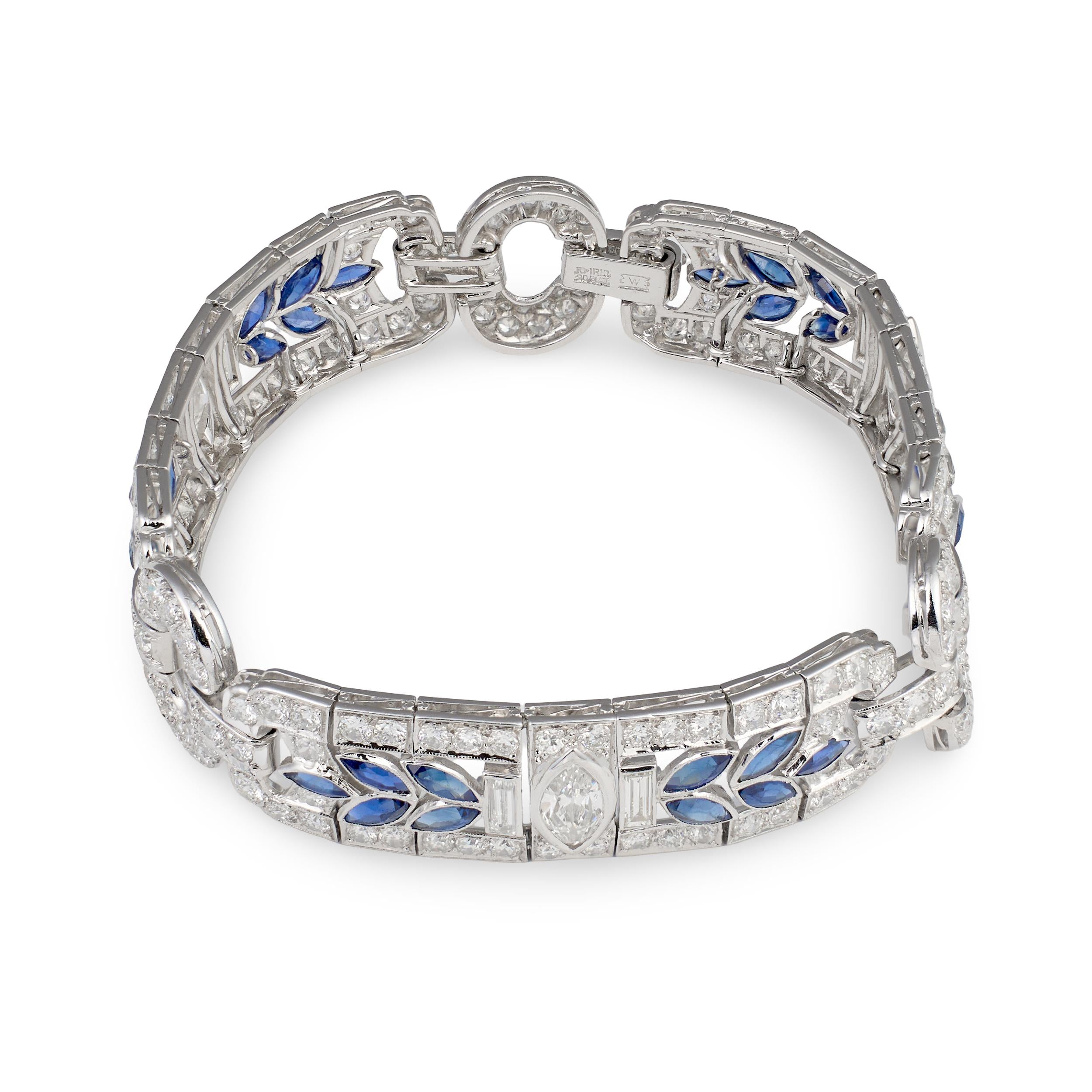Art Deco Waslikoff & Sons Diamond and Sapphire Platinum Bracelet, Circa 1925