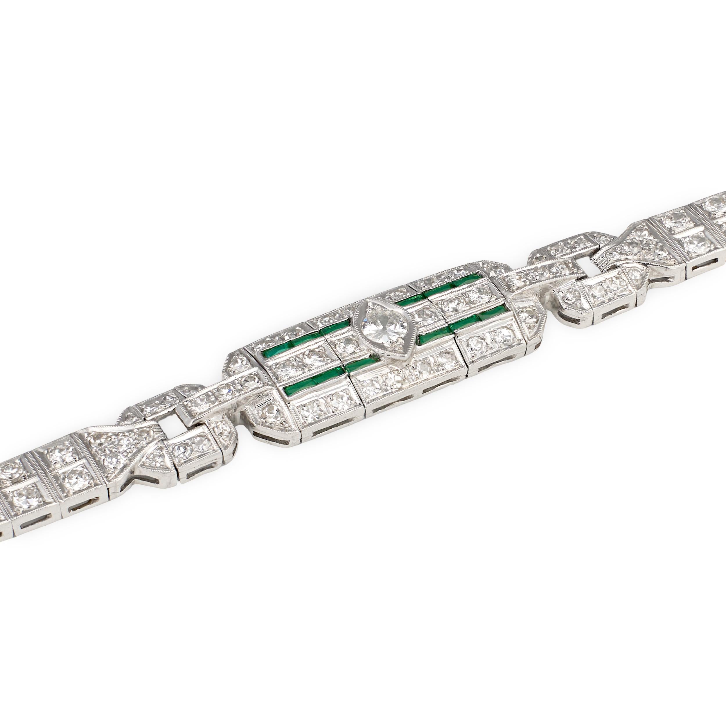 Art Deco Diamond and Emerald Platinum Bracelet, circa 1920s