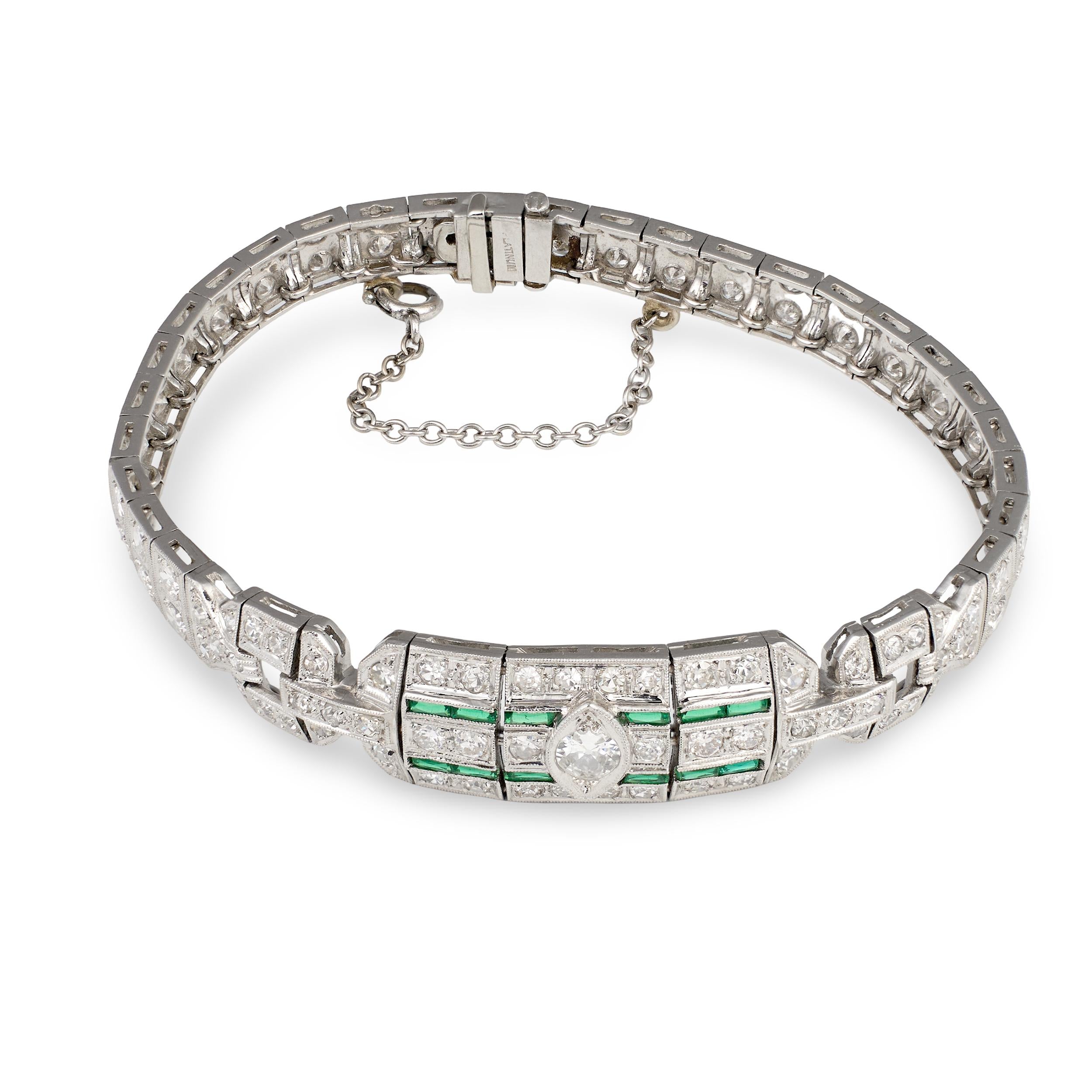 Art Deco Diamond and Emerald Platinum Bracelet, circa 1920s