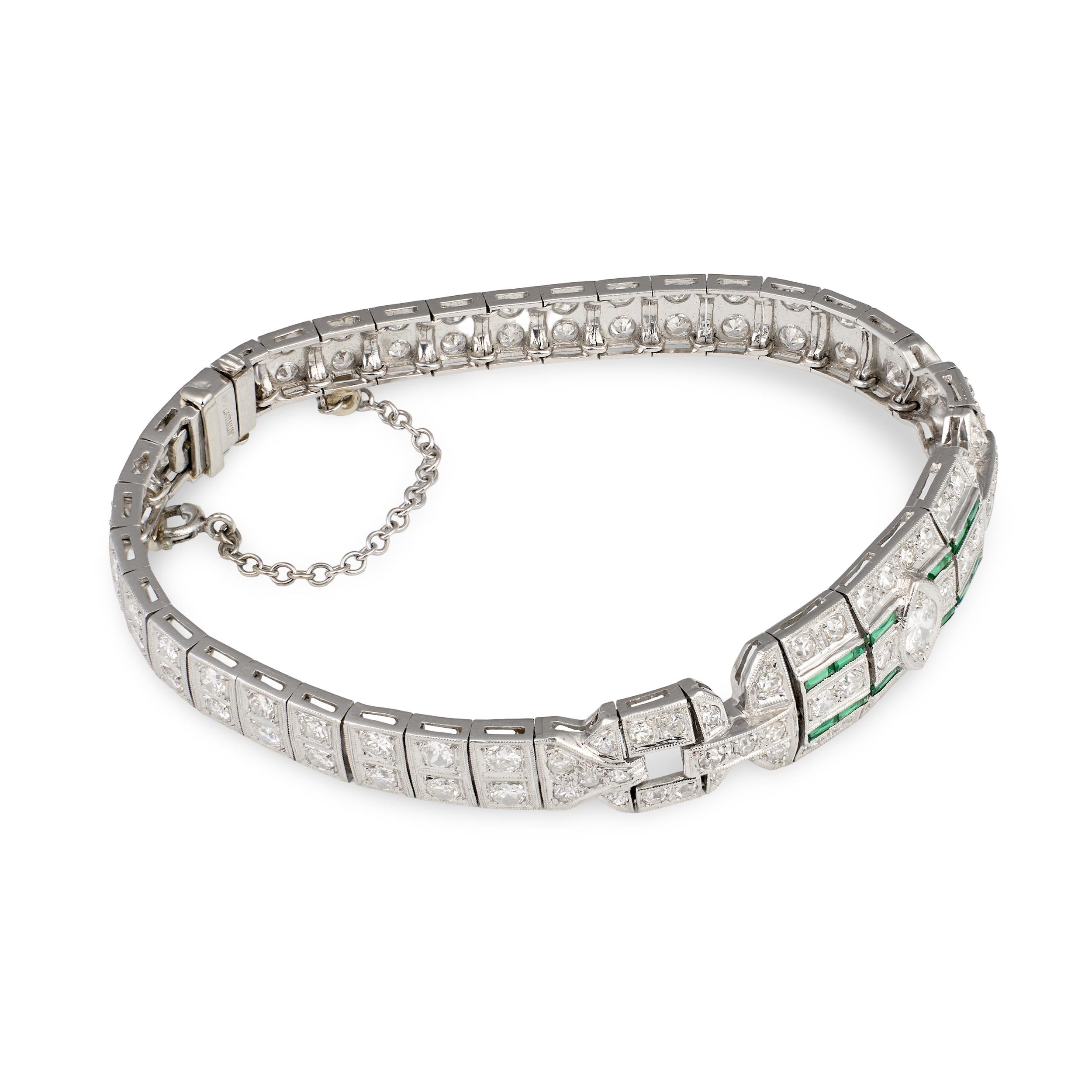 Art Deco Diamond and Emerald Platinum Bracelet, circa 1920s