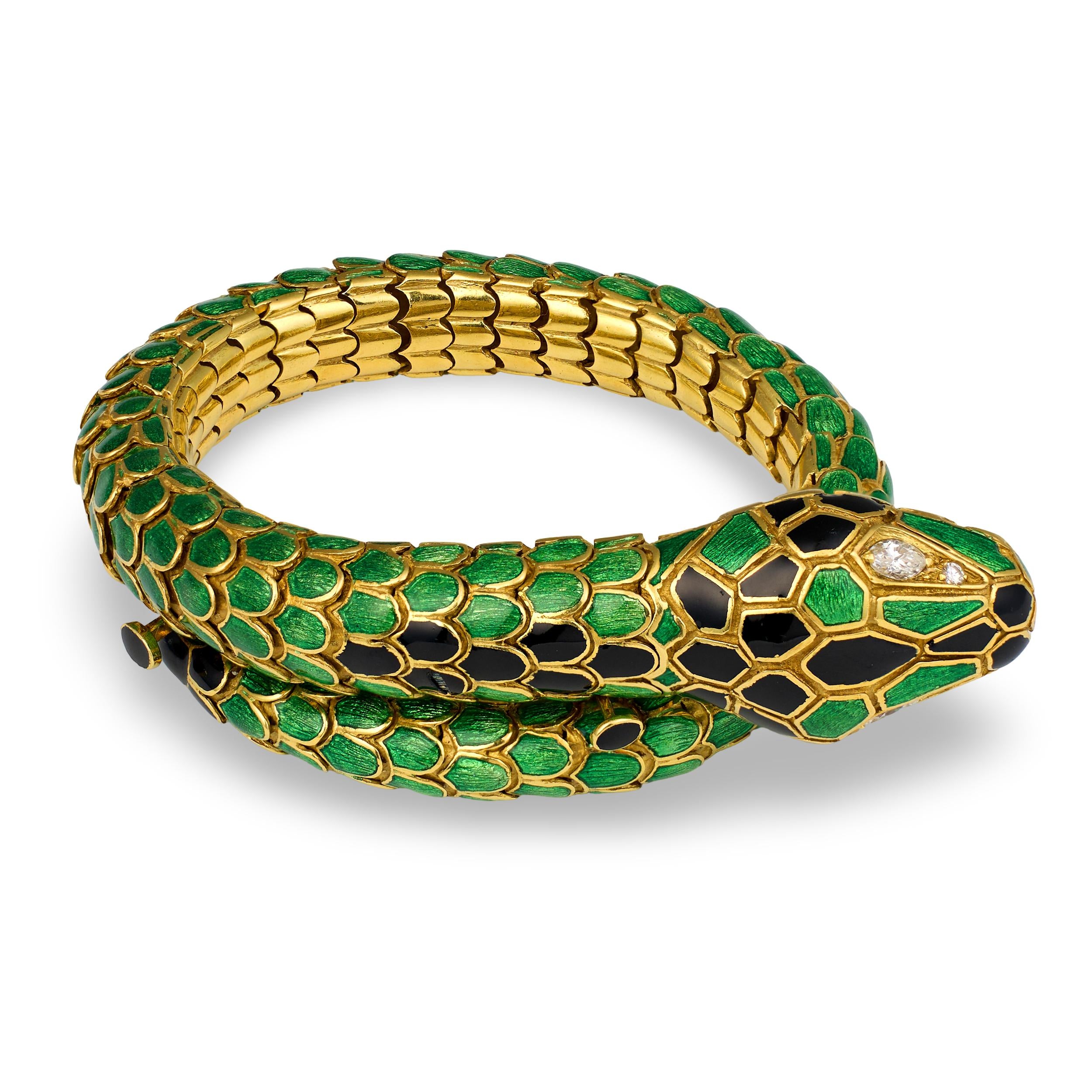Snake Motif Enamel 18K Yellow Gold Coil Bracelet, circa 1960s