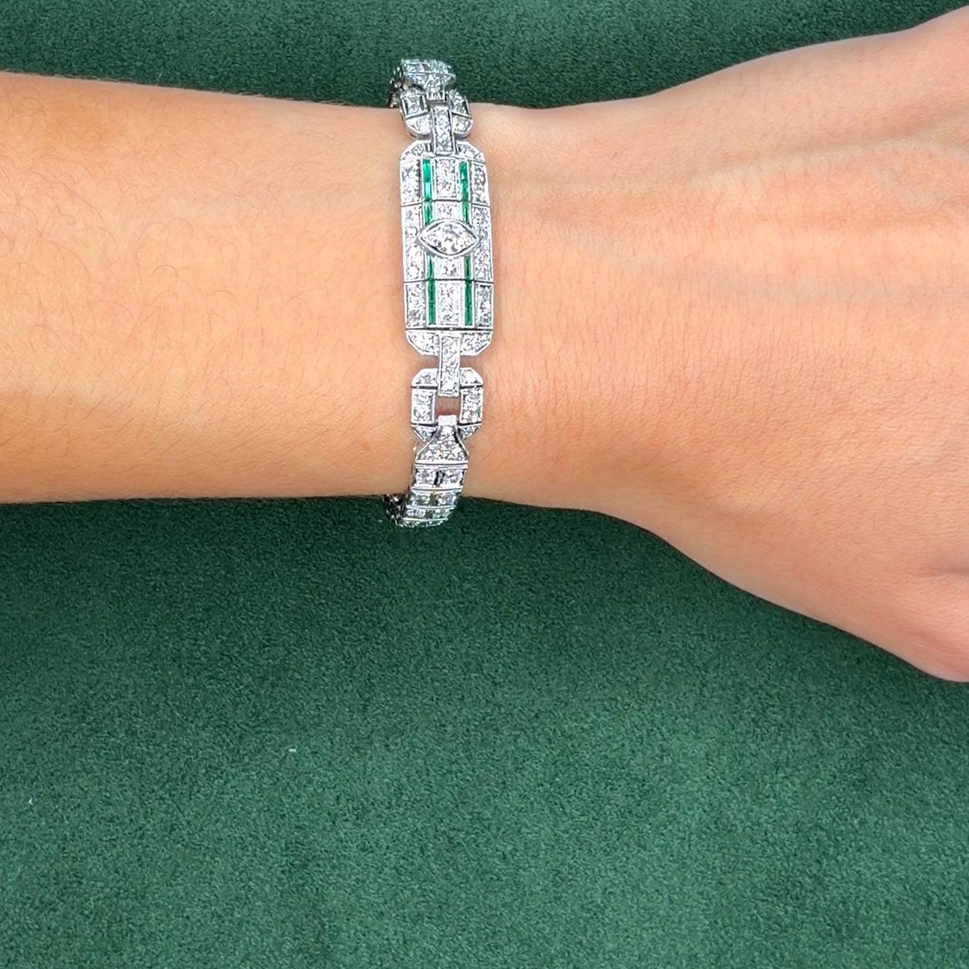 Art Deco Diamond & Emerald Platinum Bracelet, 4ct, Circa 1920s