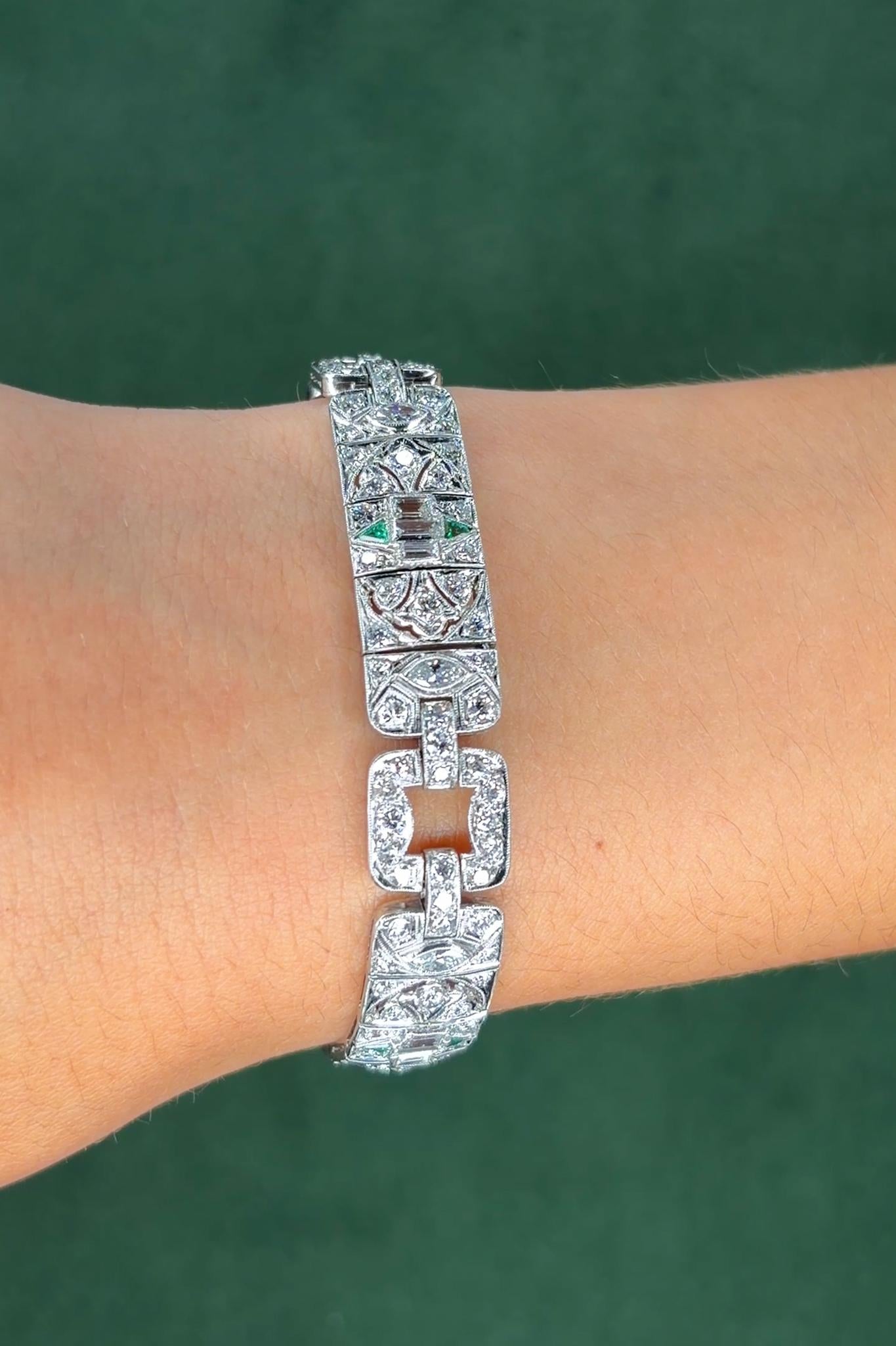 Art Deco Platinum Diamond & Emerald Bracelet, 7ct, 173 Diamonds, 1920s
