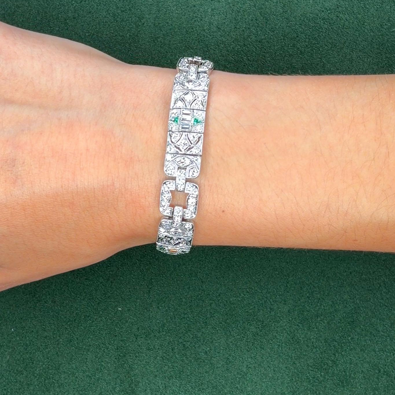 Art Deco Platinum Diamond & Emerald Bracelet, 7ct, 173 Diamonds, 1920s