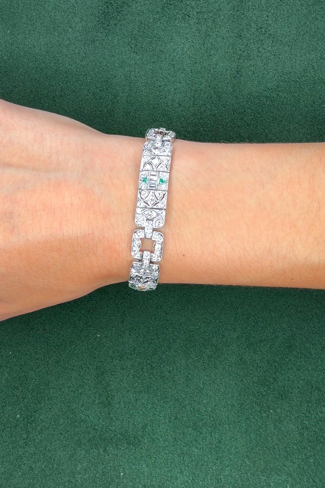 Art Deco Platinum Diamond & Emerald Bracelet, 7ct, 173 Diamonds, 1920s