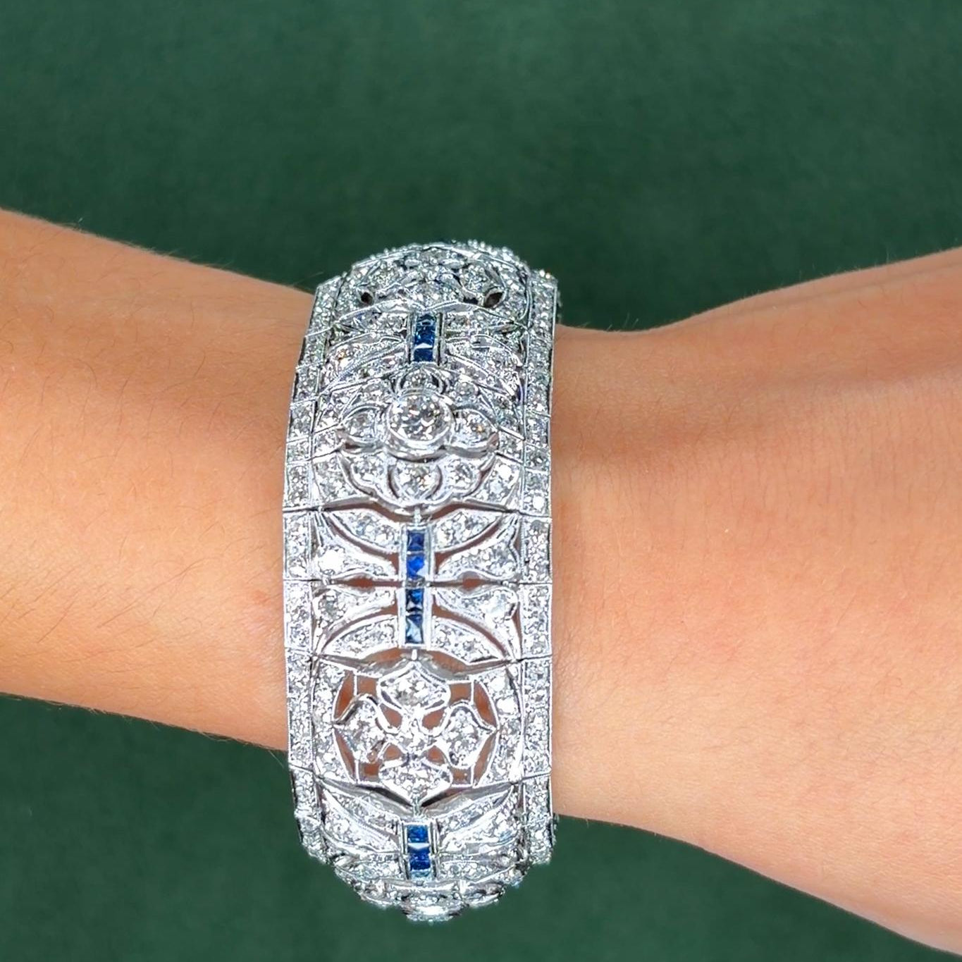 Art Deco Platinum Diamond & 1.28ct Sapphire Wide Strap Bracelet, 16.44ct