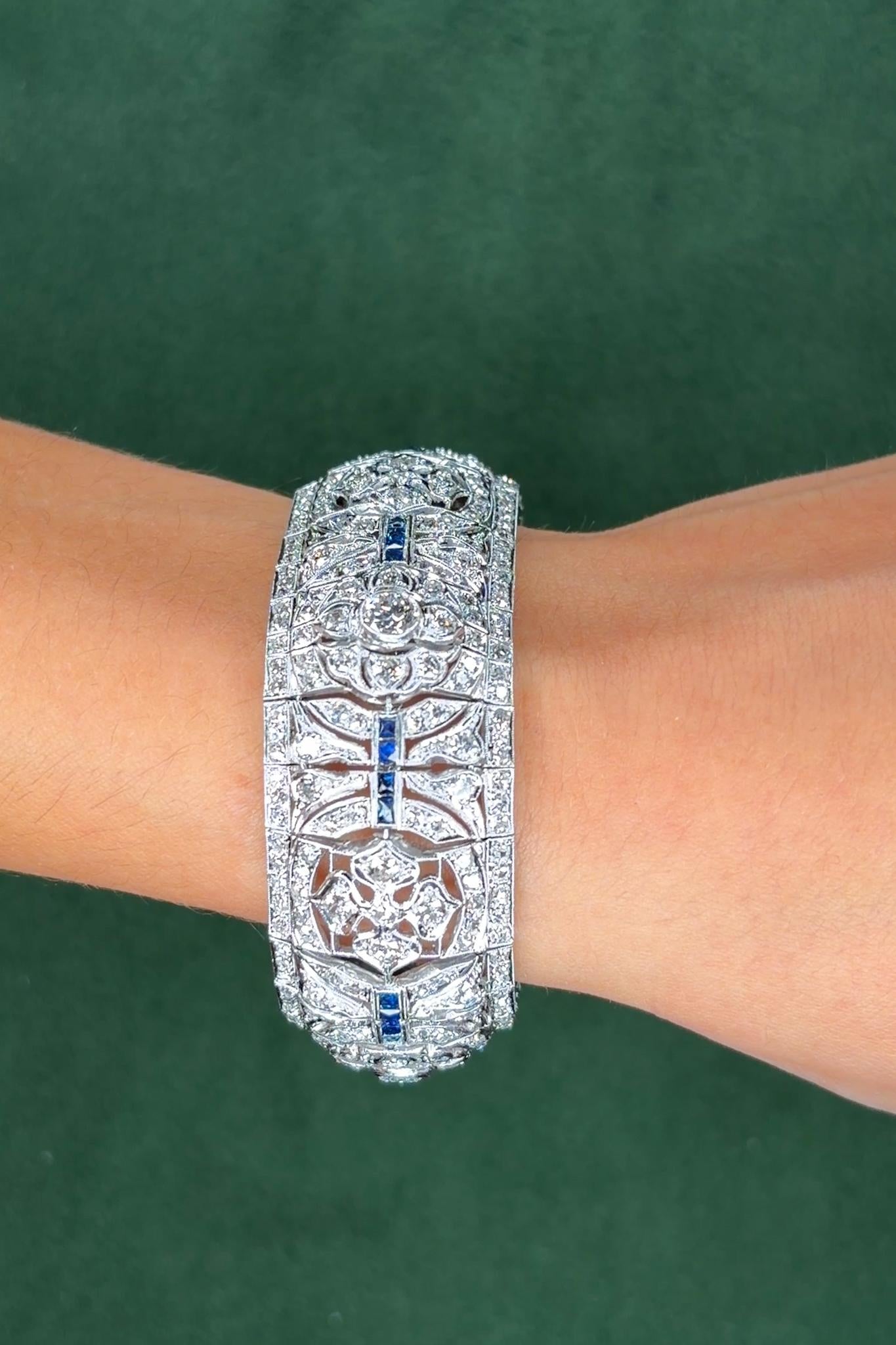 Art Deco Platinum Diamond & 1.28ct Sapphire Wide Strap Bracelet, 16.44ct