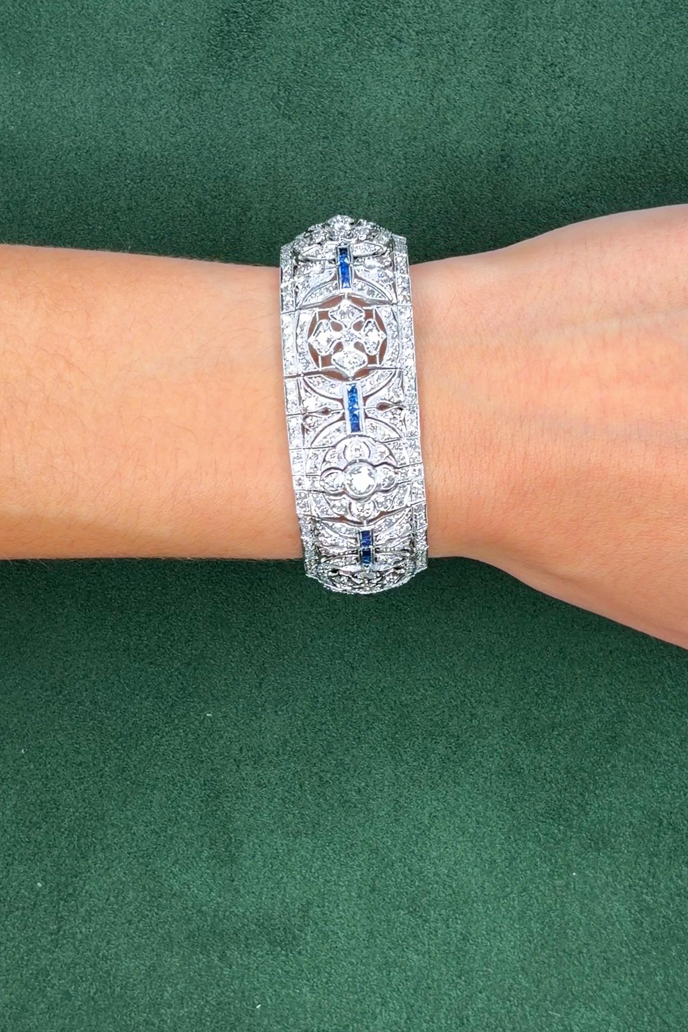 Art Deco Platinum Diamond & 1.28ct Sapphire Wide Strap Bracelet, 16.44ct