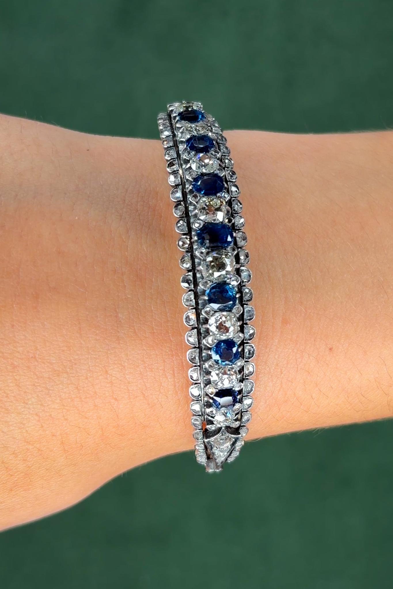 Victorian 3.75ct Sapphire and 5.0ct Diamond Cuff Bracelet, Silver-Topped Gold, Circa 1900s