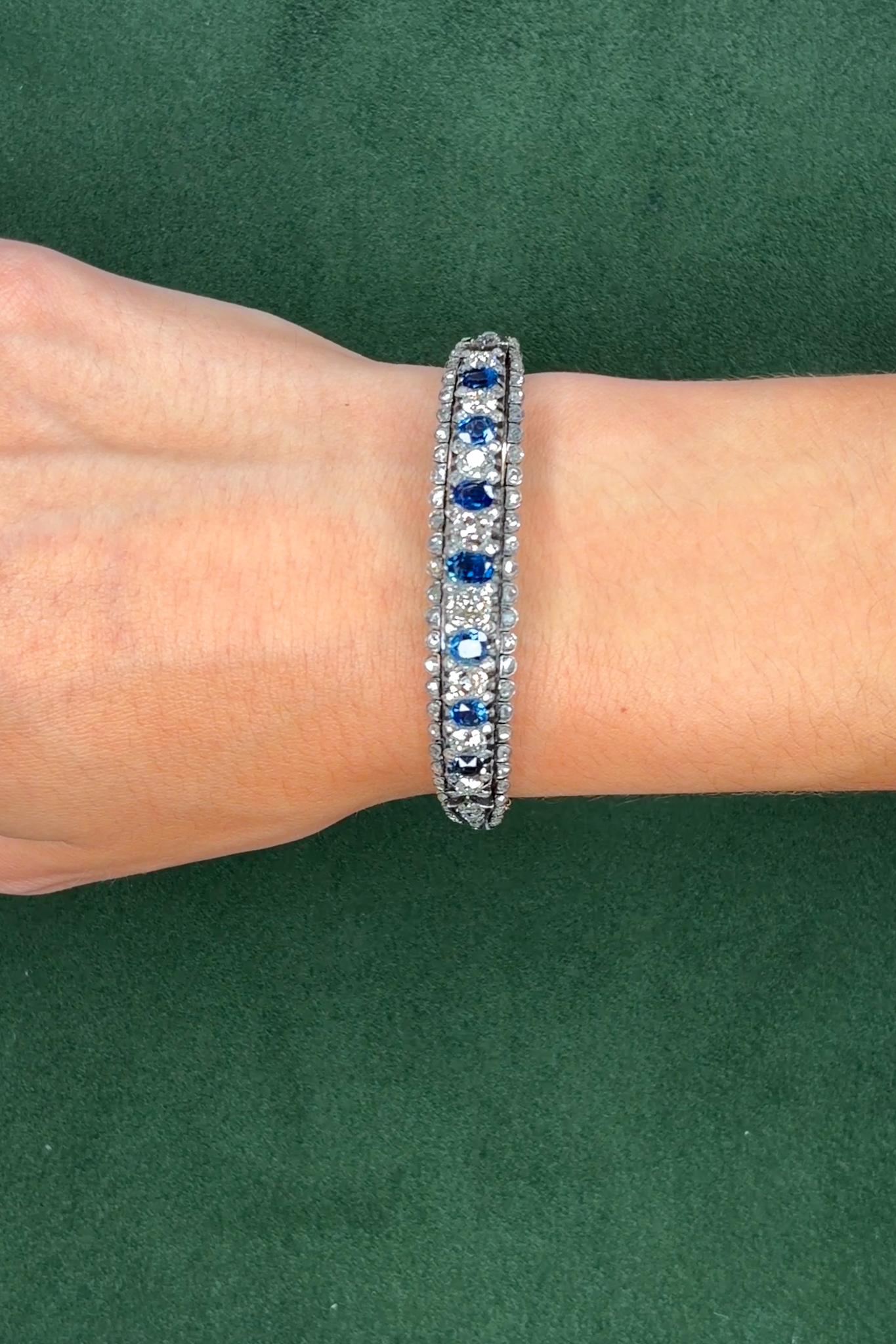 Victorian 3.75ct Sapphire and 5.0ct Diamond Cuff Bracelet, Silver-Topped Gold, Circa 1900s