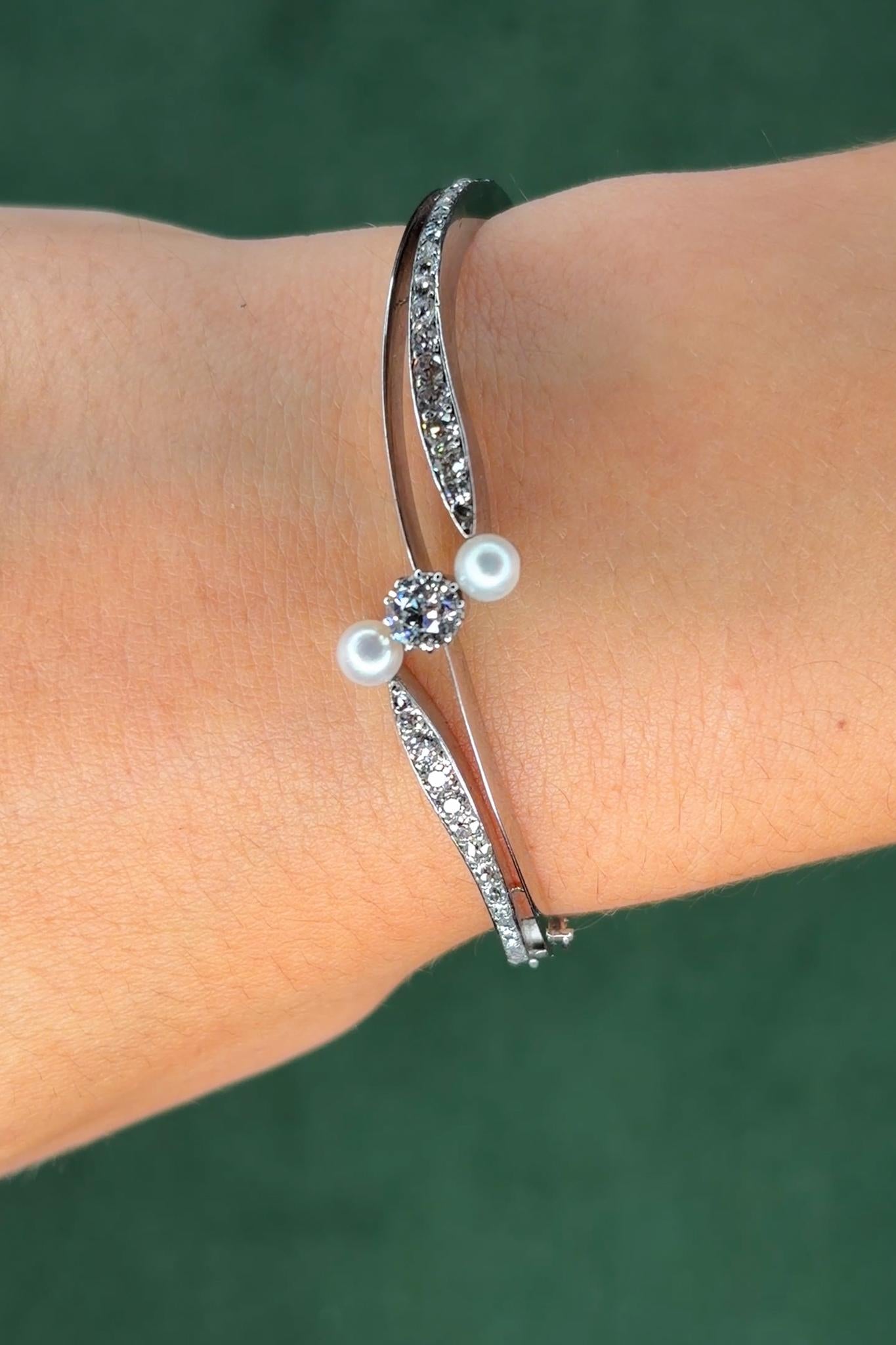 Antique 14K White Gold 0.8ct Diamond and Pearl Bangle Bracelet, Early 20th Century