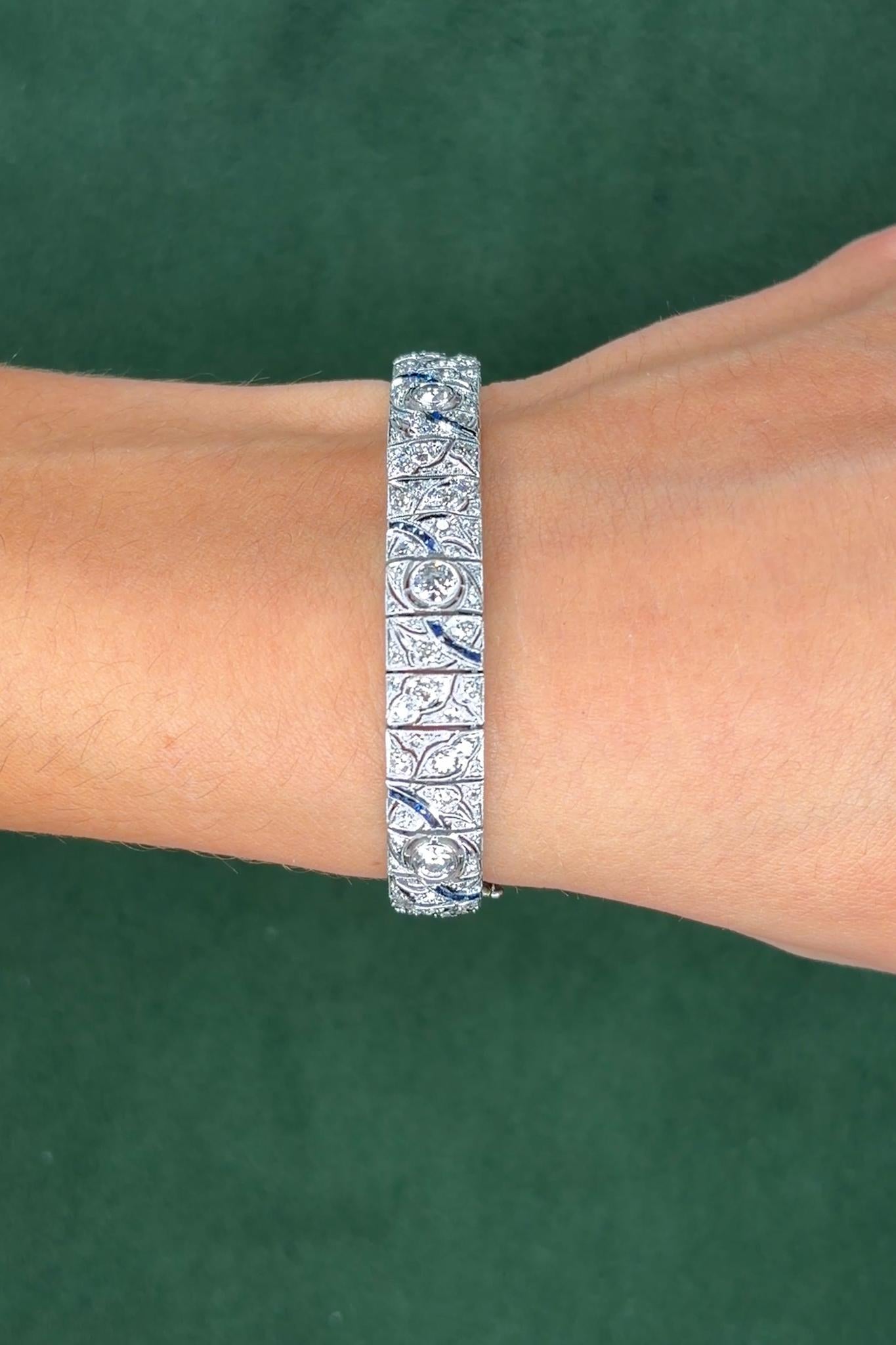Art Deco Platinum Diamond & 2.0ct Sapphire Bracelet, 5ct Diamonds, 1930s