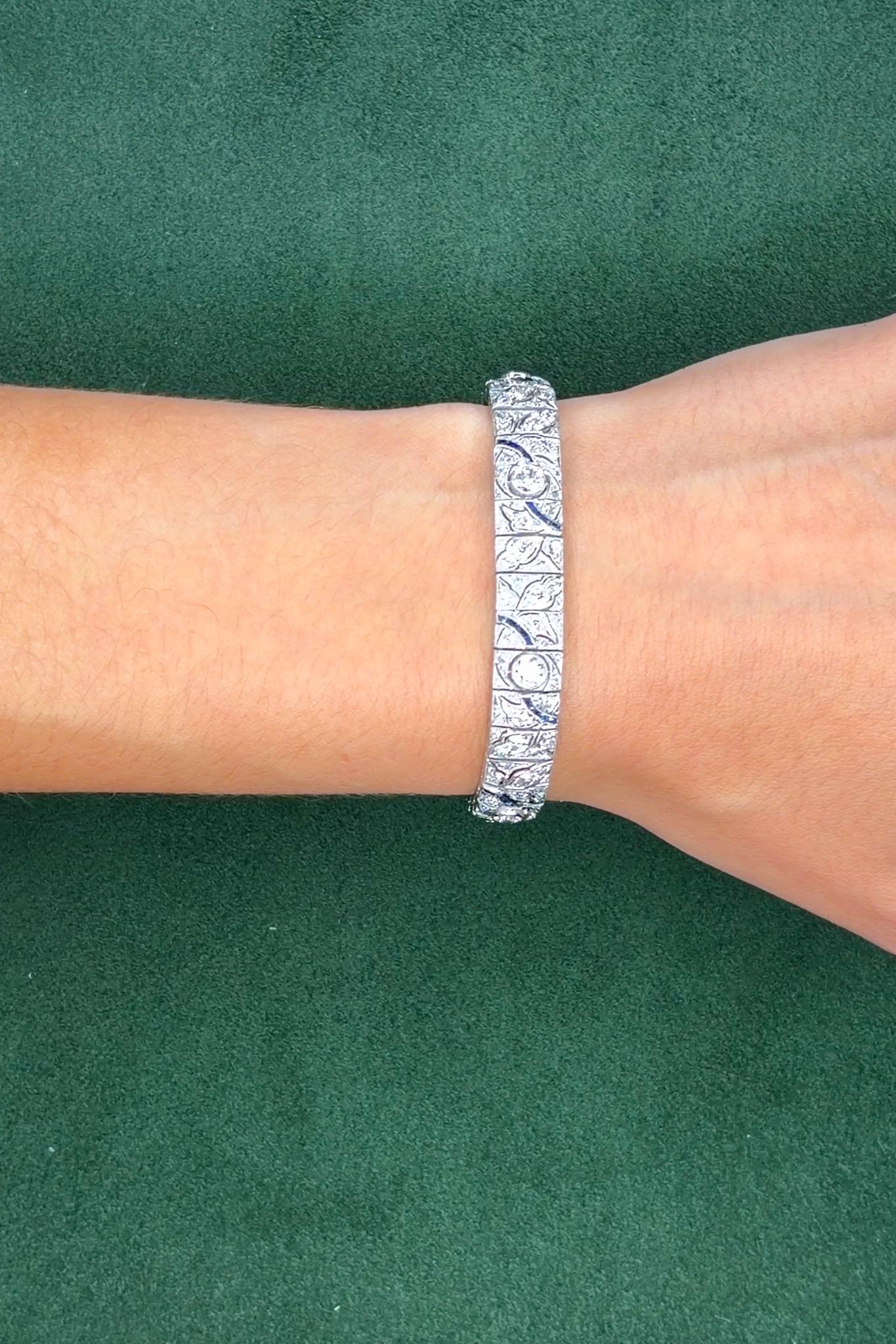 Art Deco Platinum Diamond & 2.0ct Sapphire Bracelet, 5ct Diamonds, 1930s