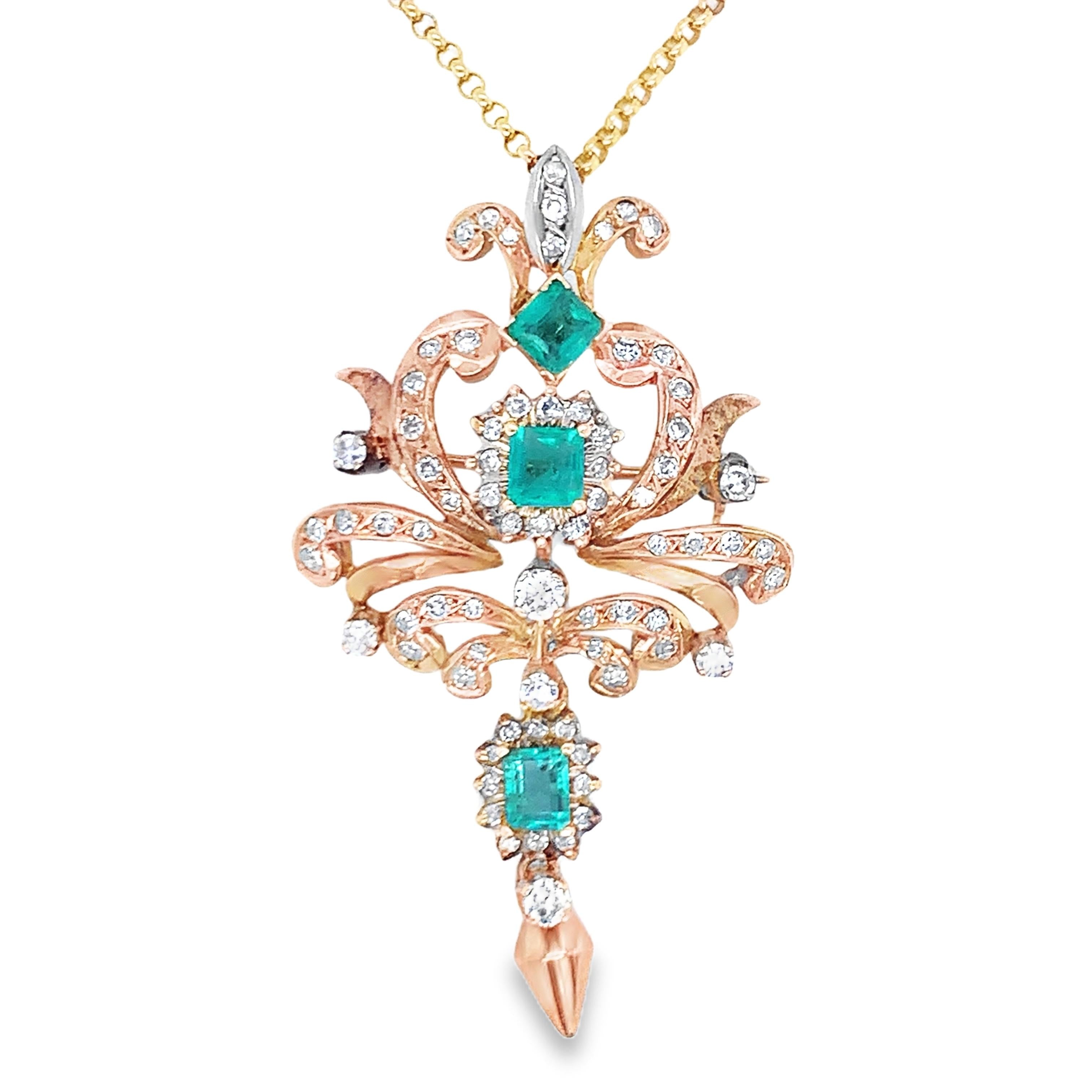 Victorian Emerald and Diamond 18K Gold Pendant / Brooch