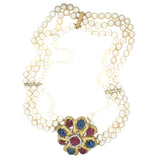 18K YELLOW GOLD RUBY, SAPPHIRE, DIAMOND AND PEARL NECKLACE