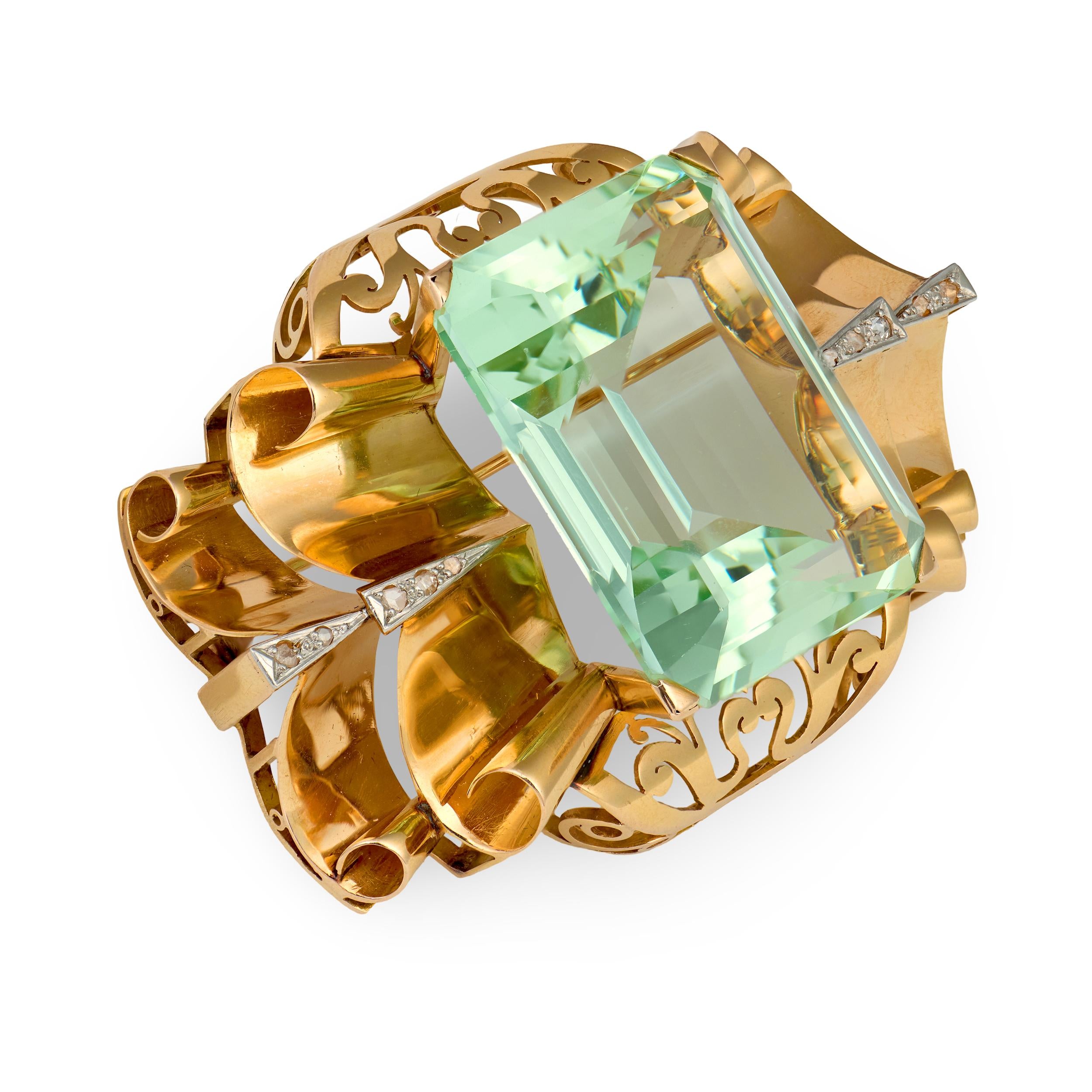 Retro Green Beryl and Diamond 14k Rose Gold Brooch, circa 1940s