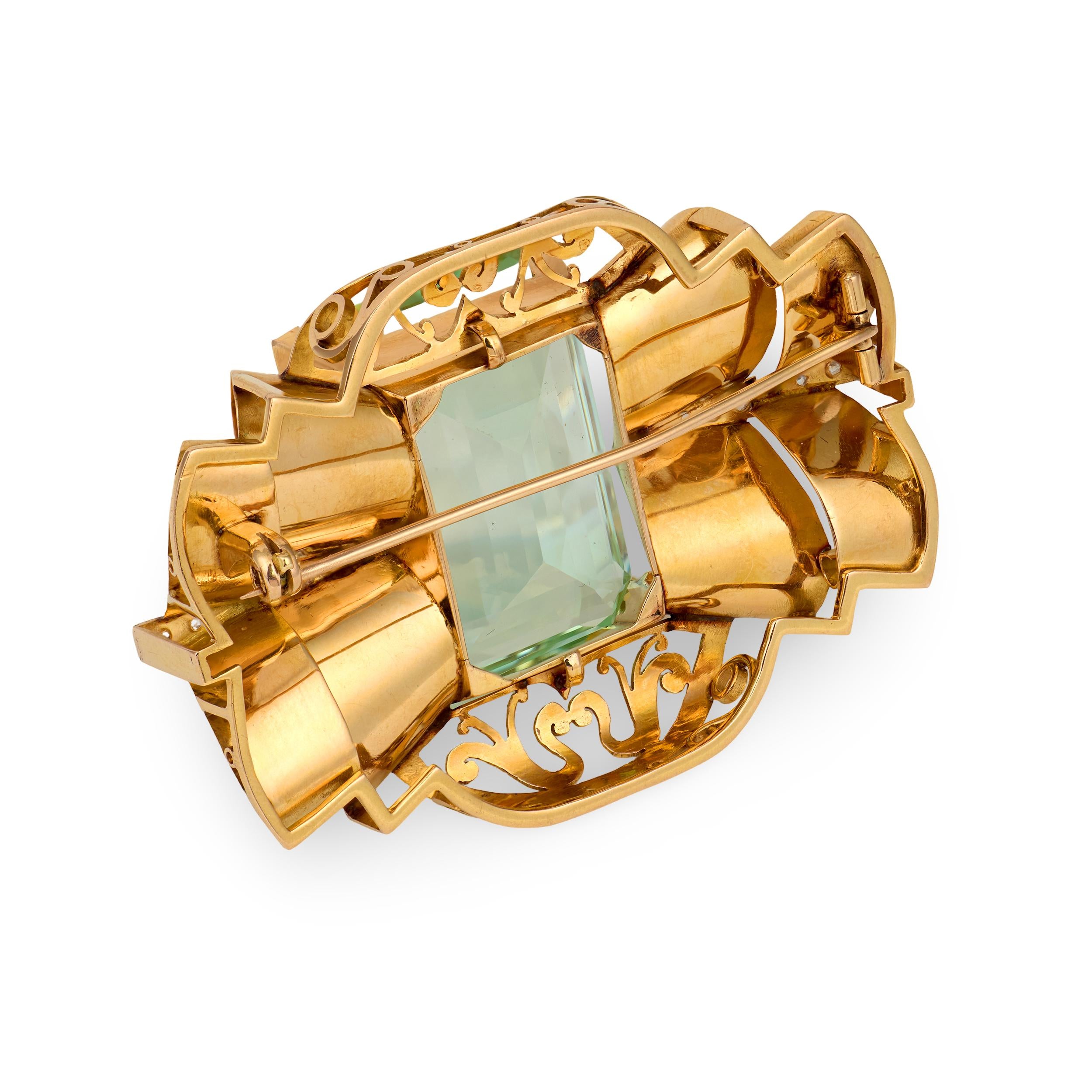 Retro Green Beryl and Diamond 14k Rose Gold Brooch, circa 1940s
