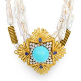 Turquoise, Diamond, Sapphire and Pearl 18K Gold Pendant / Brooch