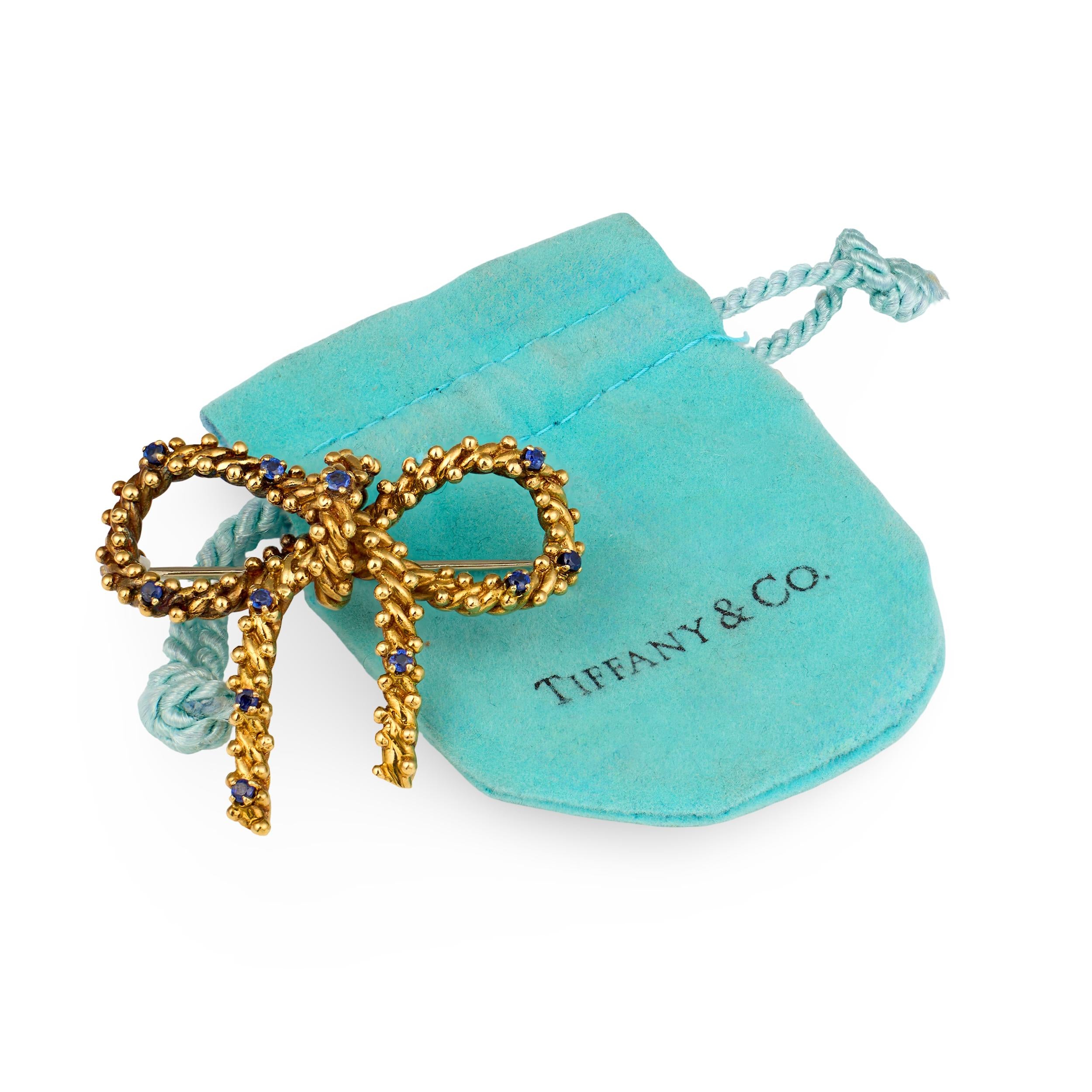 Sapphire Bow 18k Yellow Gold Brooch by Tiffany & Co., circa 1970s