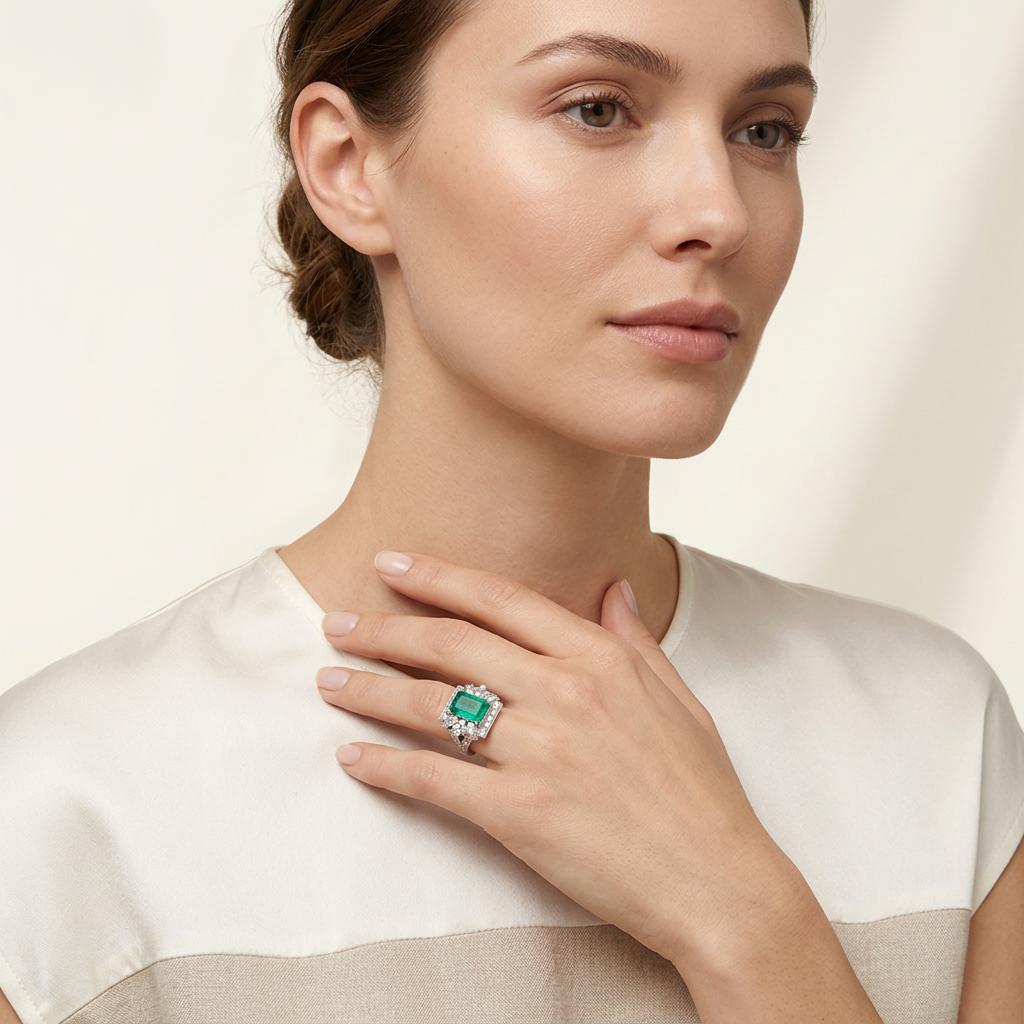 Art Deco Colombian Emerald & Diamond Platinum Ring — GIA 5.50ct