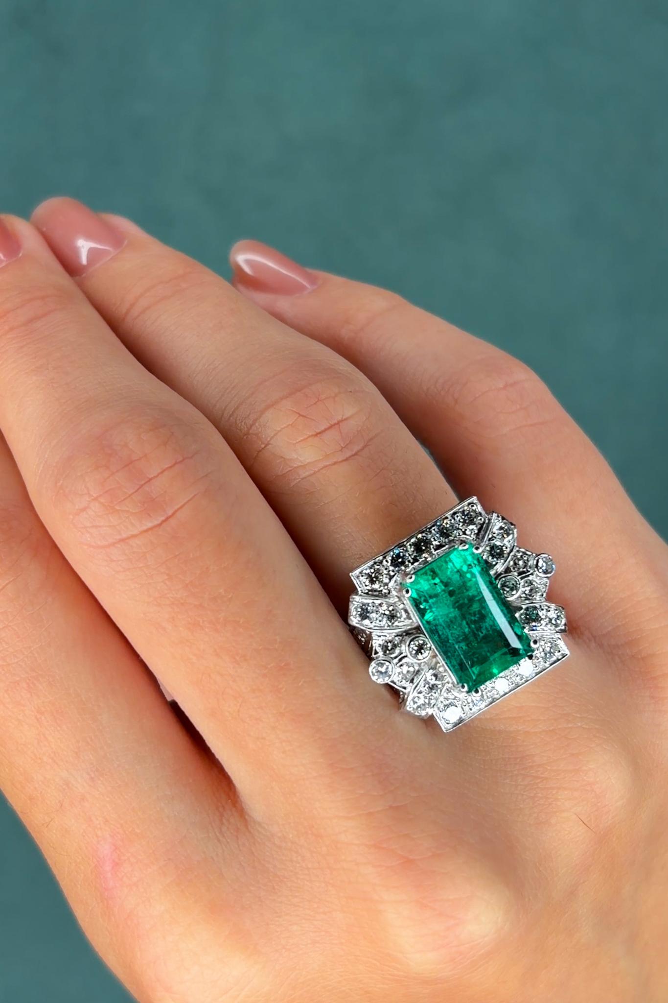 Art Deco Colombian Emerald & 1.2ct Diamond Platinum Ring, GIA 5.50ct