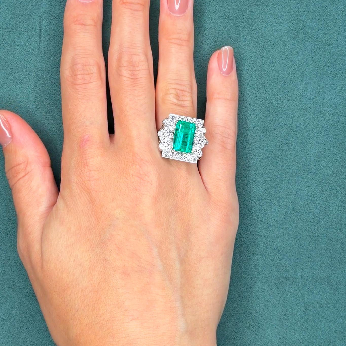 Art Deco Colombian Emerald & 1.2ct Diamond Platinum Ring, GIA 5.50ct