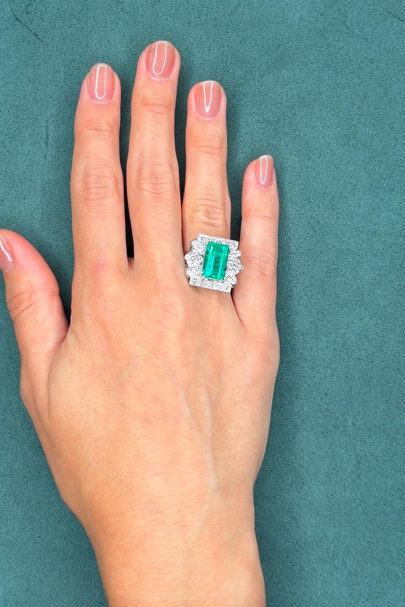 Art Deco Colombian Emerald & 1.2ct Diamond Platinum Ring, GIA 5.50ct