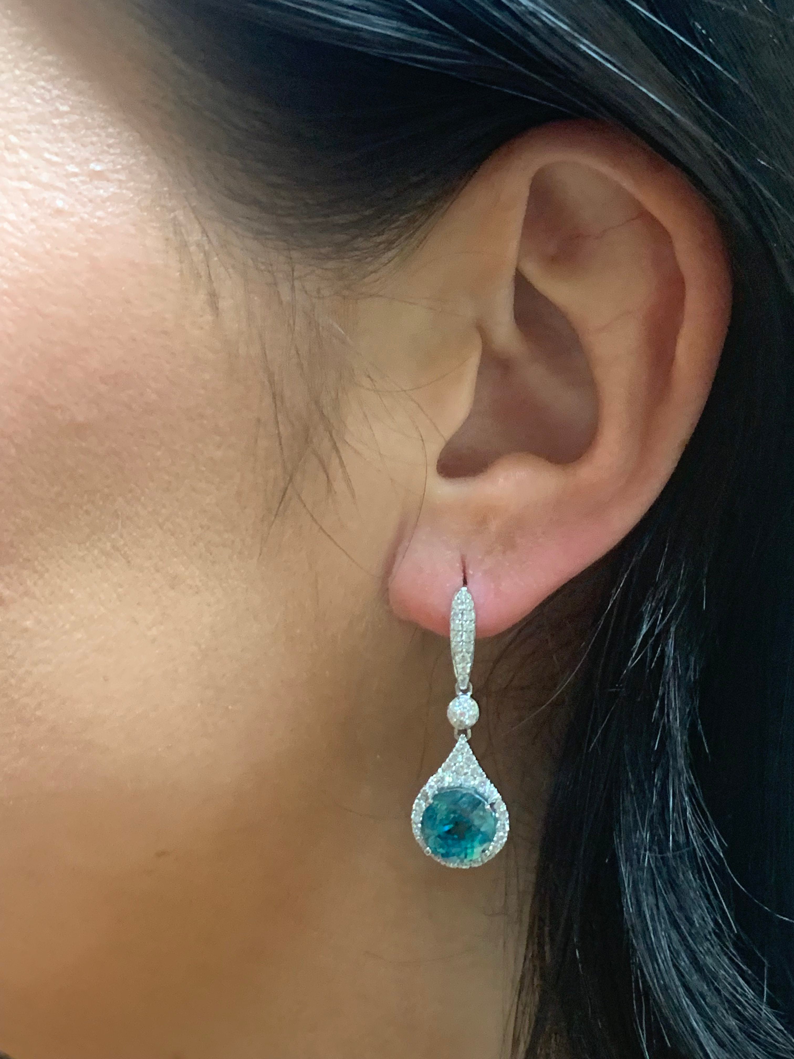 Blue Zircon and Diamond Dangle 18K White Gold Earrings, circa 1980s