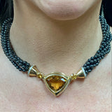 Citrine, Diamond and Hematite Bead and 14k Yellow Gold Necklace, circa 1970s