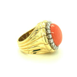 Deep Pink Coral and Diamond Ring in 18K Yellow Gold, circa 1970s