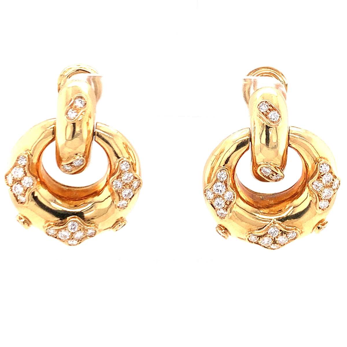 Diamond Doorknocker 18K Yellow Gold Earclips, circa 1970s