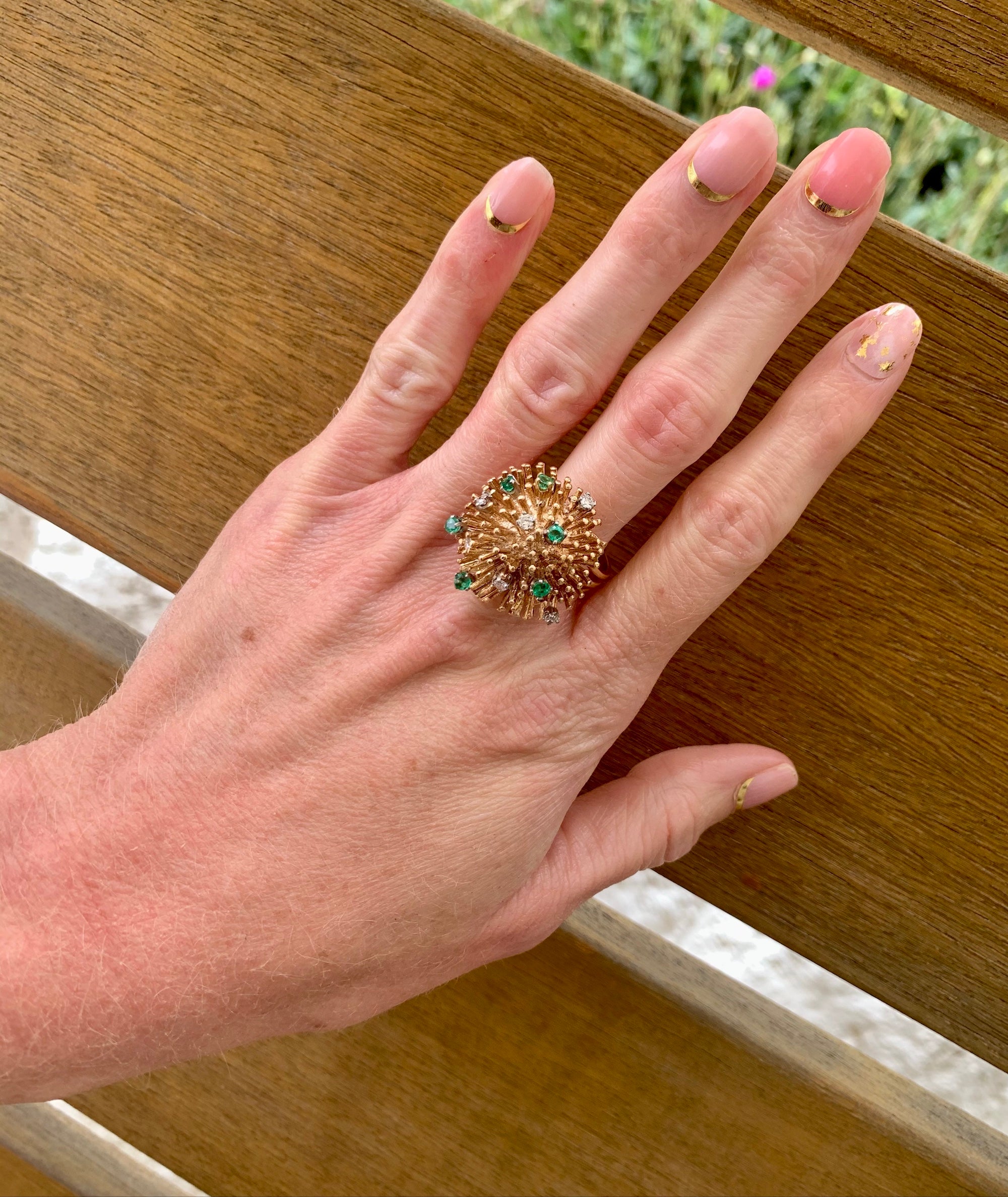 Diamond and Emerald 14K Yellow Gold Starburst Ring