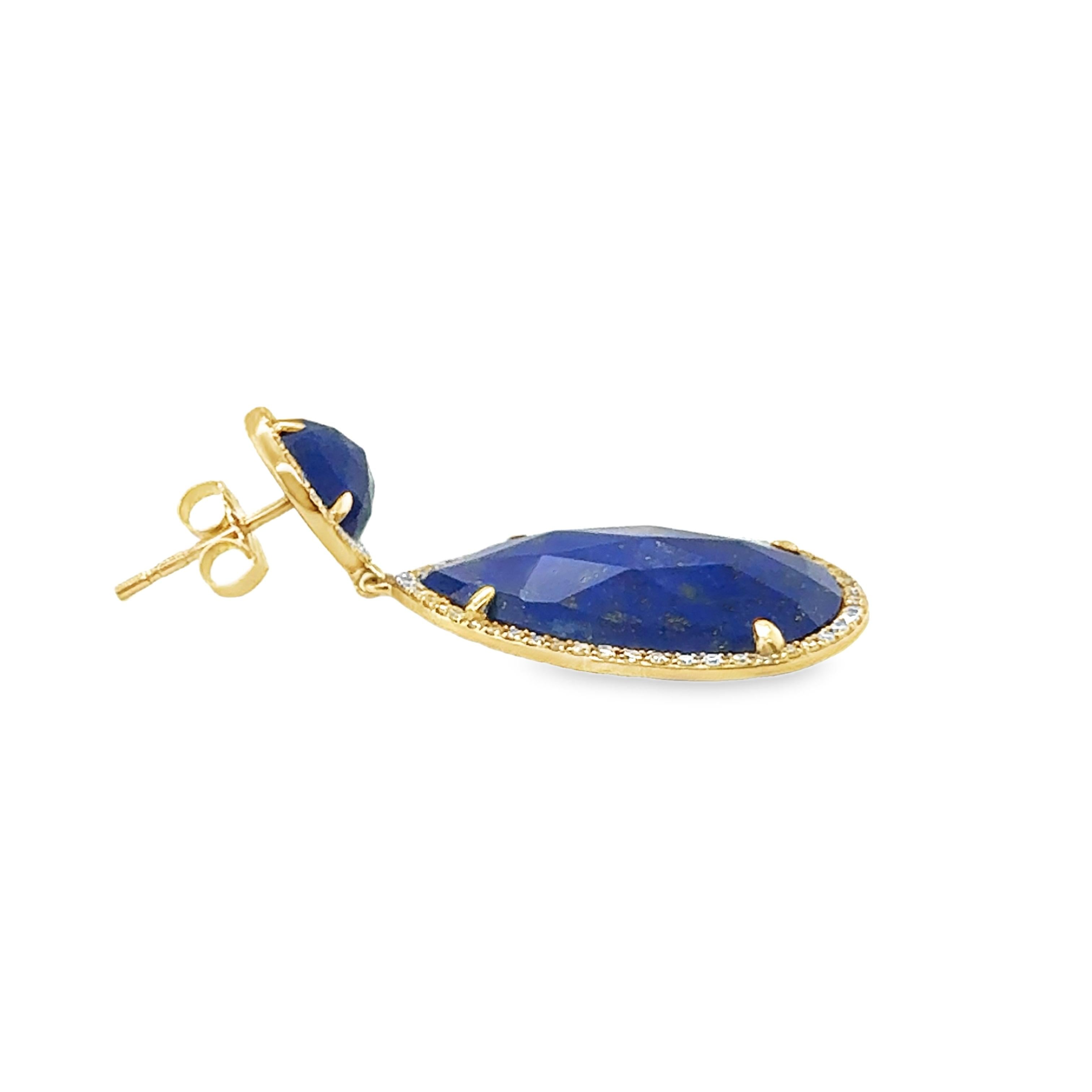 14K YELLOW GOLD LAPIS LAZULI AND DIAMOND DANGLING EARRINGS