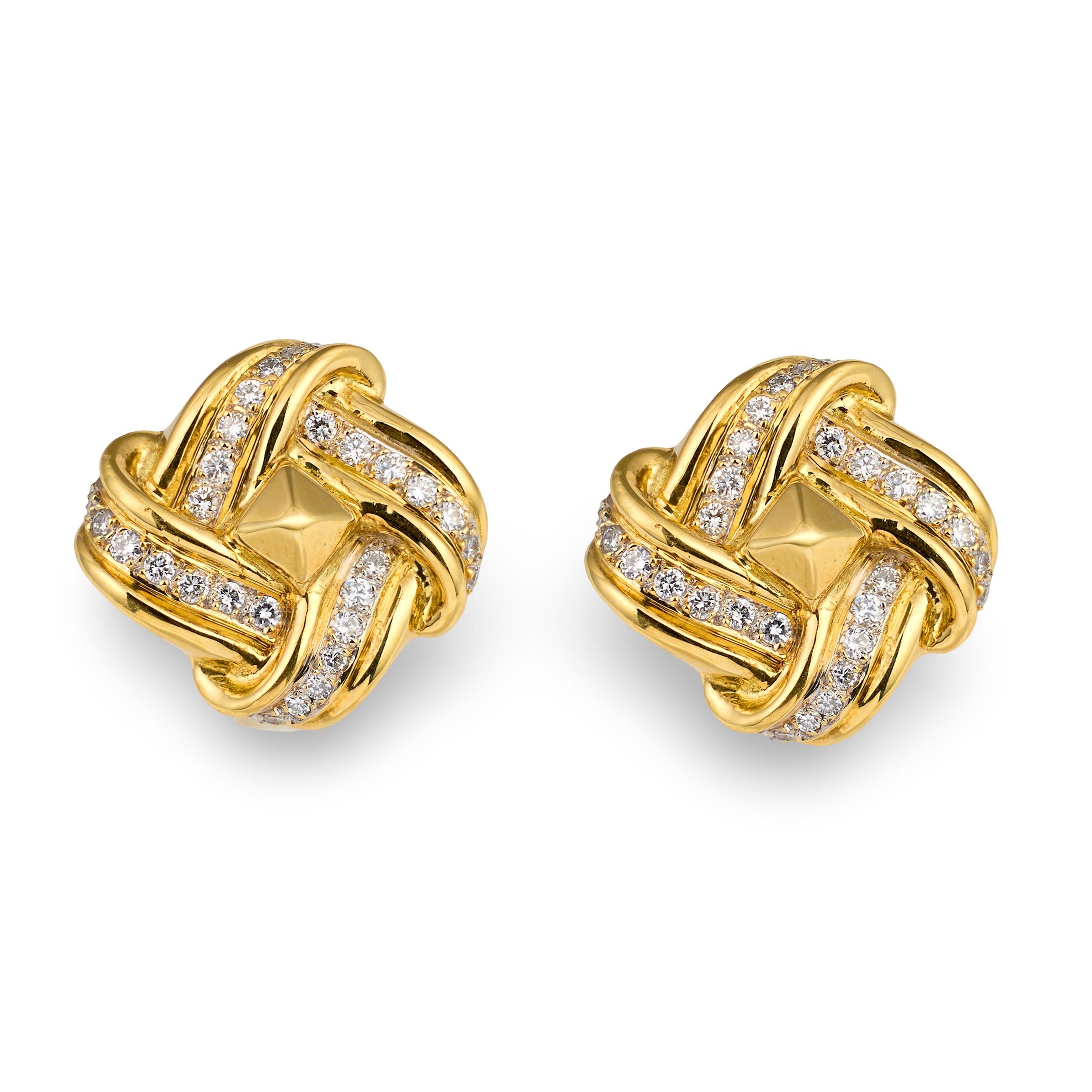 Diamond 18k Yellow Gold Knot Earclips, circa 1960s