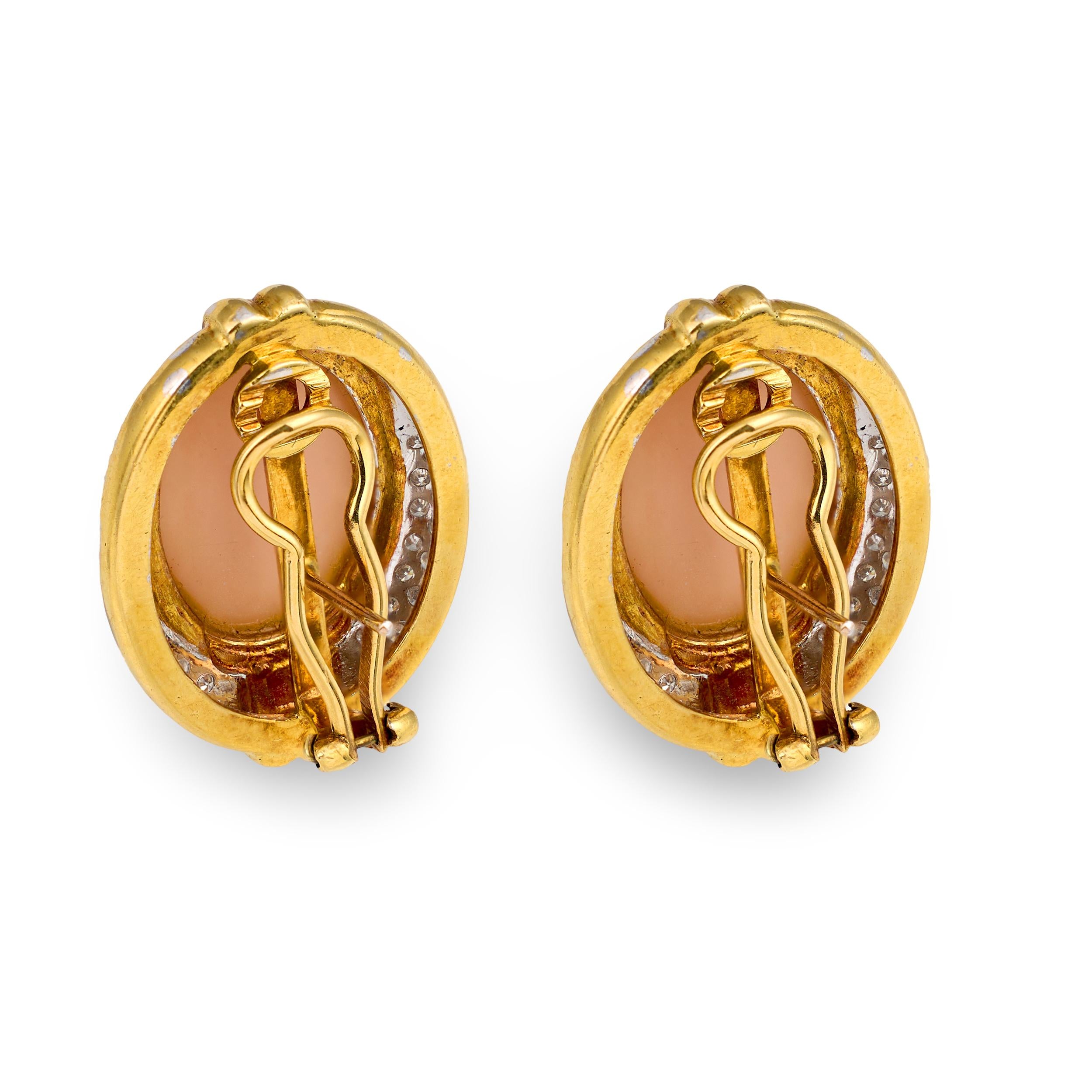 Pink Coral and Diamond 18K Yellow Gold Earrings, circa 1960s