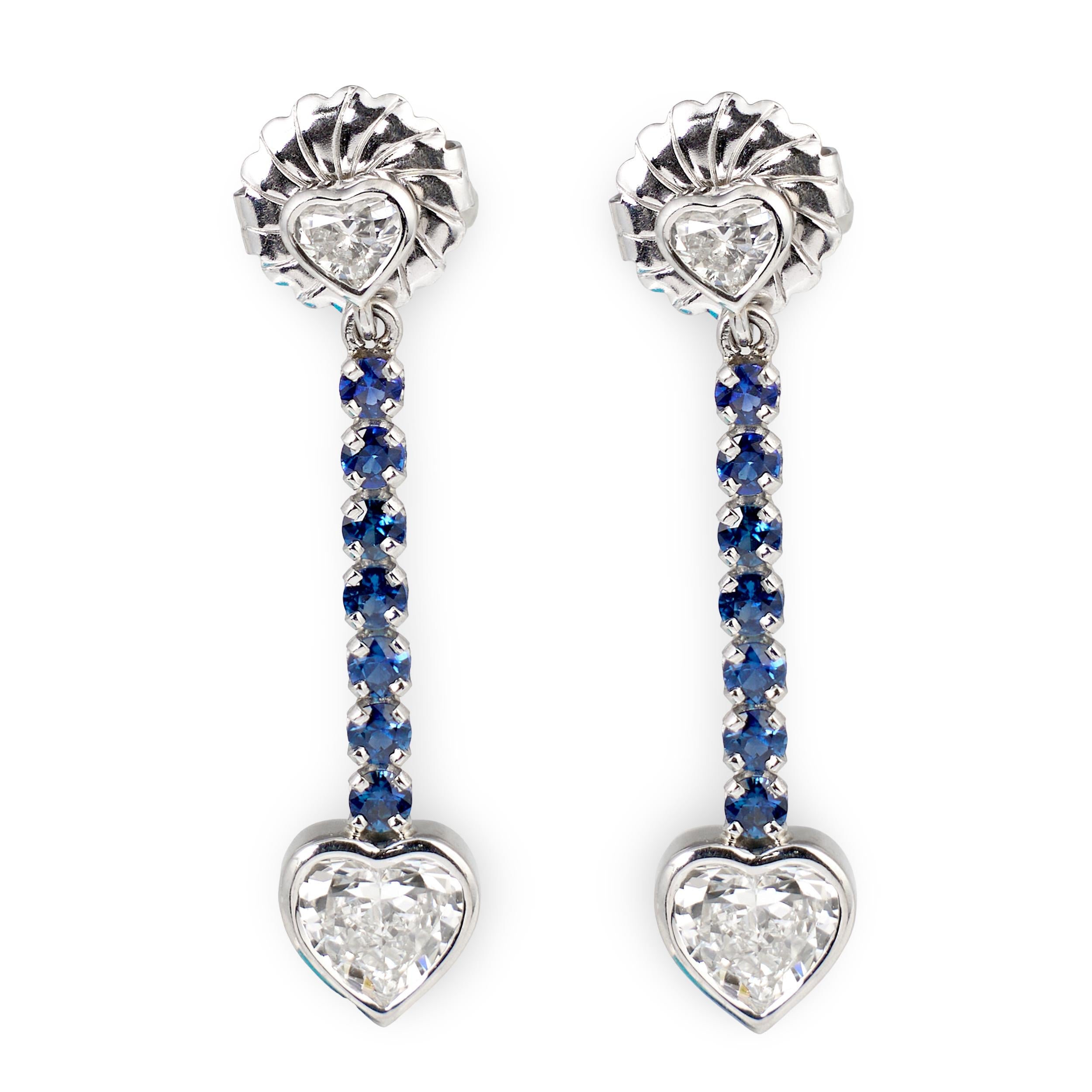 Heart Diamond and Sapphire Dangling Platinum Earrings