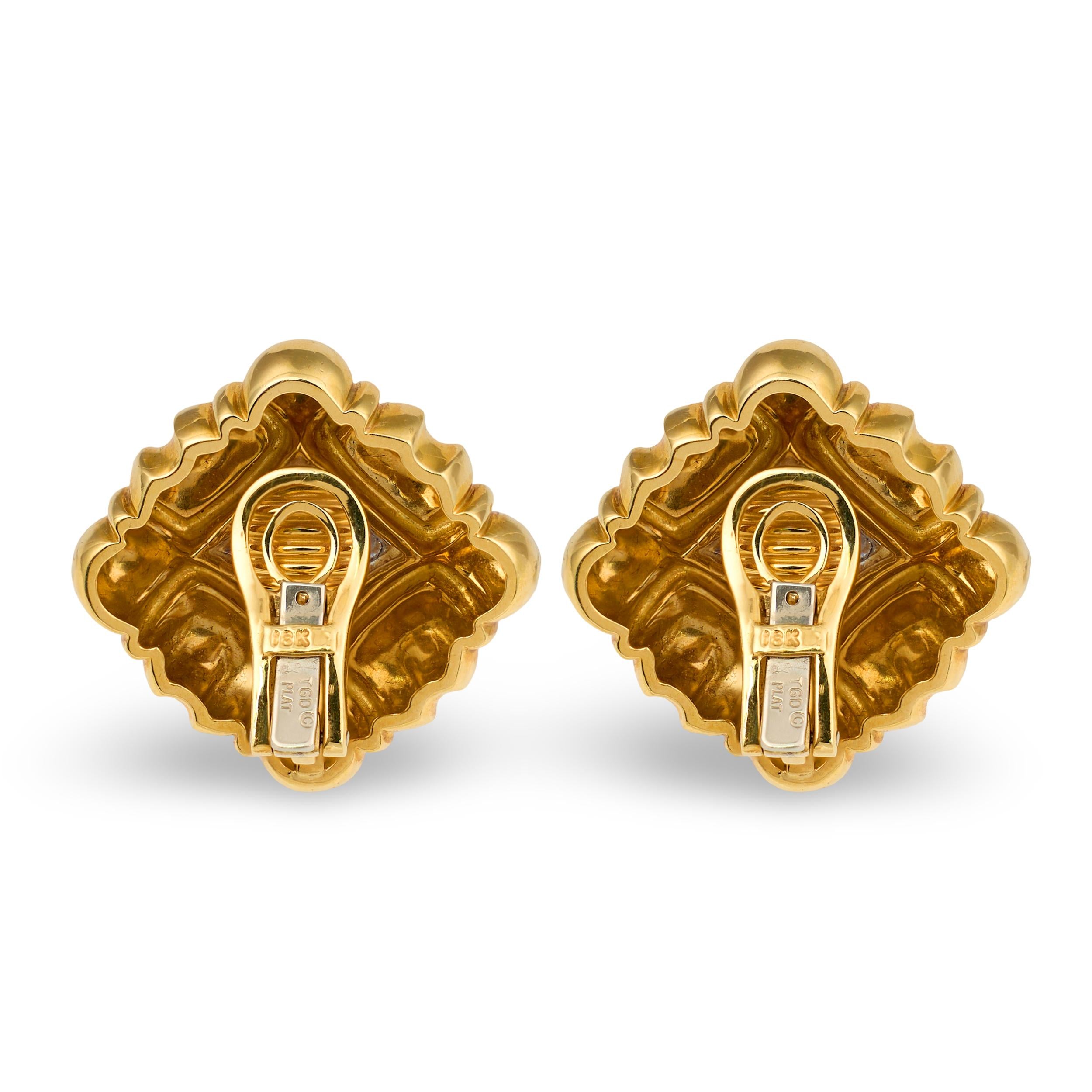 Diamond Platinum and Gold Earclips, circa 1970s