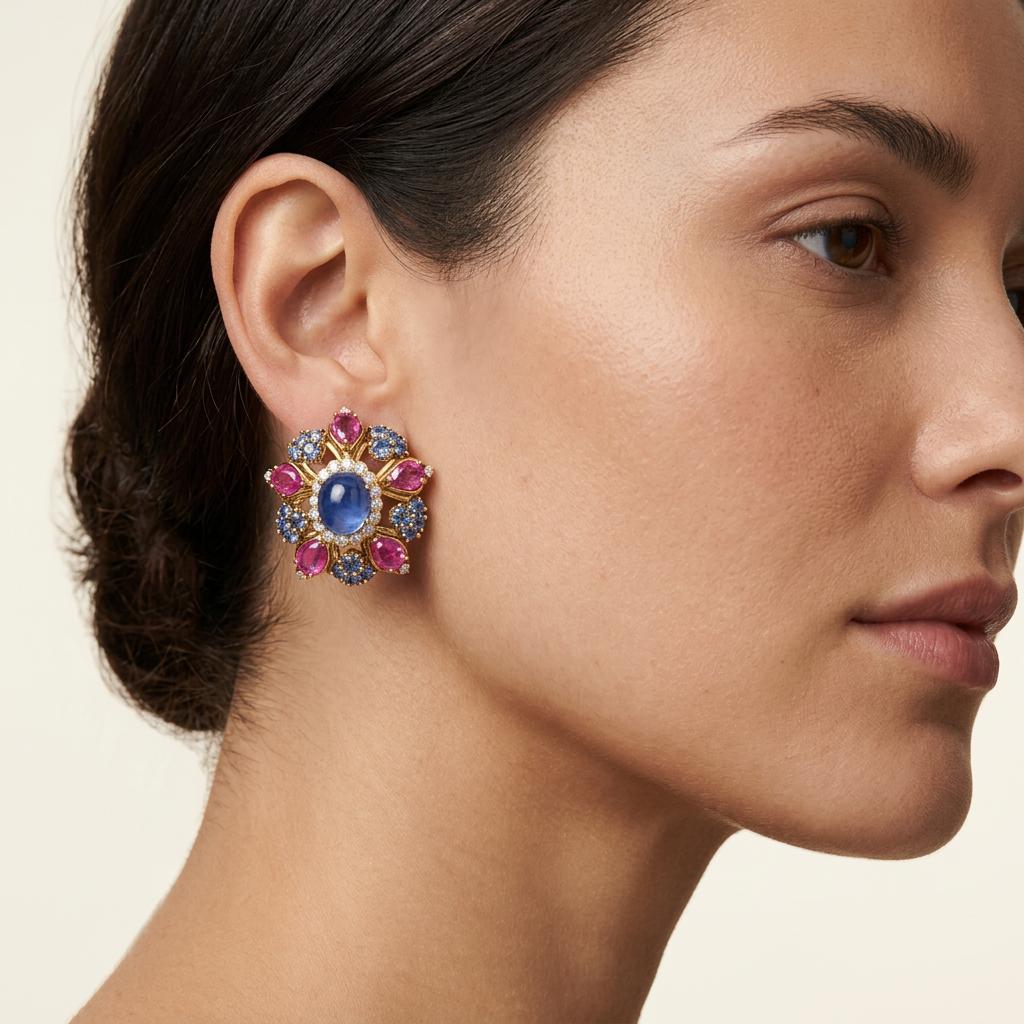Multi-Gem Set 18K Gold Earrings, Circa 1960s